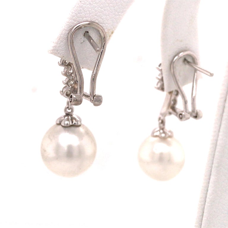Women's 18K Diamond Pearl Drop Earrings White Gold For Sale