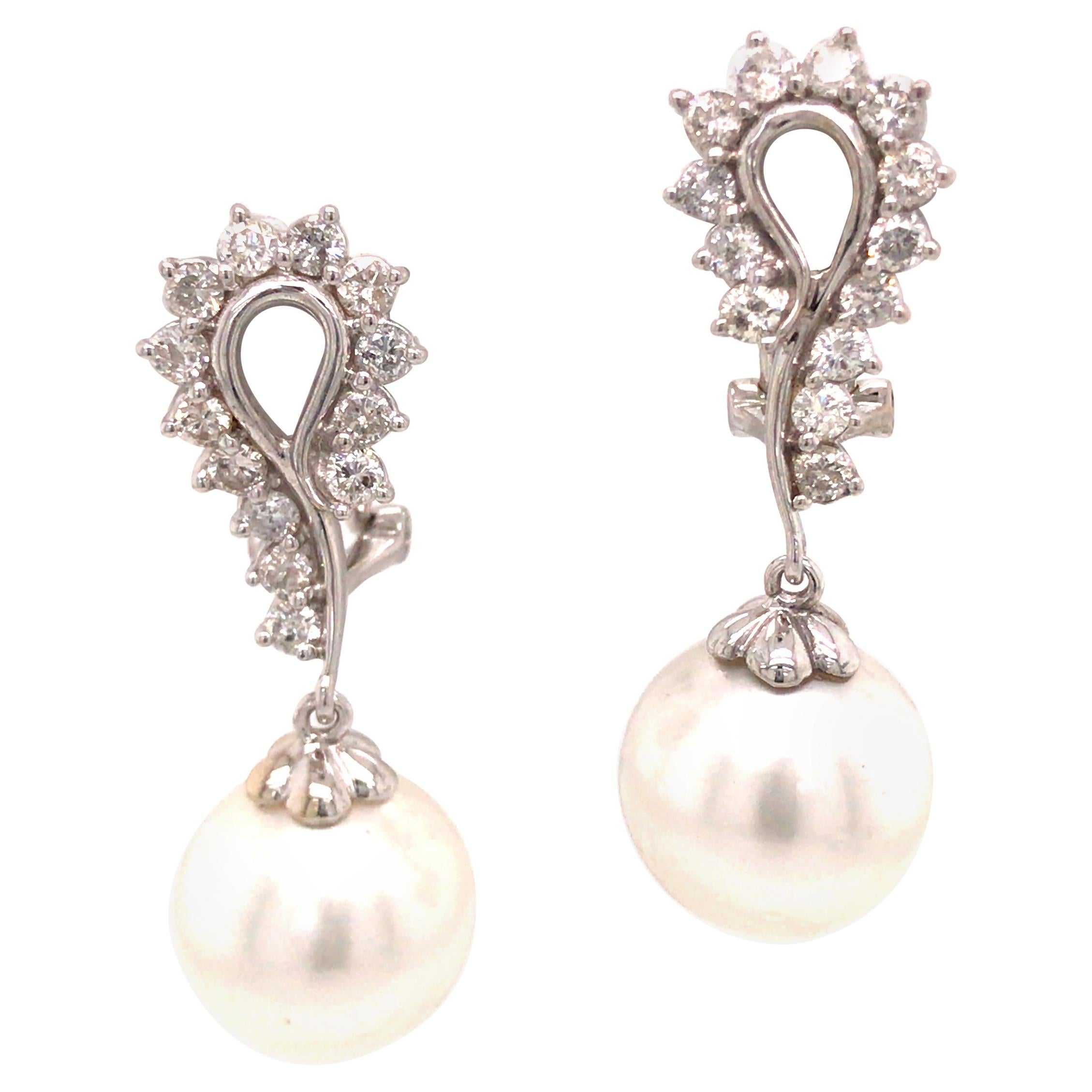 18K Diamond Pearl Drop Earrings White Gold