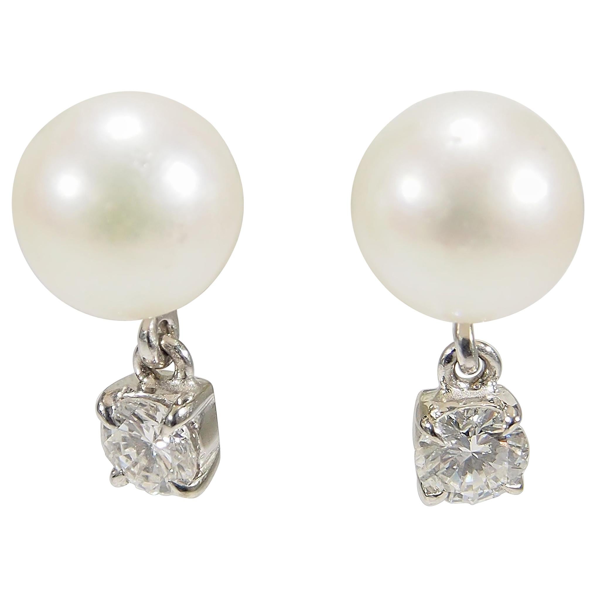 18 Karat Diamond Pearl Earrings Cultured Drop Dangle White Gold