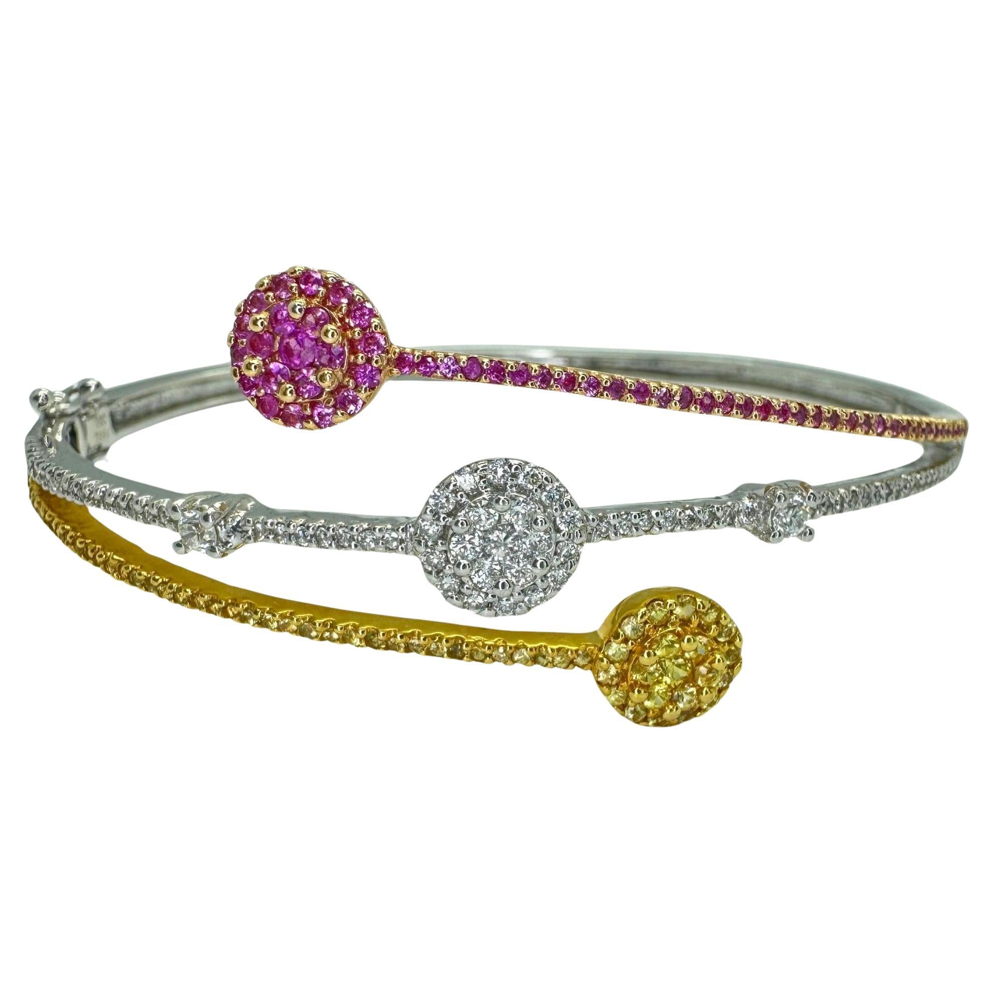 18k Diamond, Pink and Yellow Sapphire Bangle Bracelet.