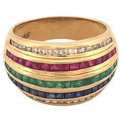18K Yellow Gold Retro Multi Gemstone Band Ring with Diamonds