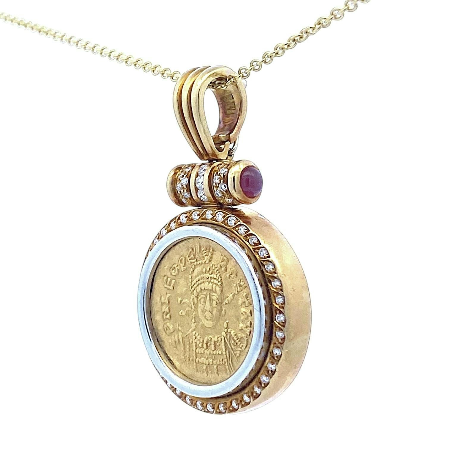 Crafted in 18k yellow gold, this pendant necklace features a striking design. The centerpiece is a 24k gold coin, encircled by a brilliant-cut diamond halo. The diamonds, with a total carat weight of 1.0, exhibit a F-G color grade and VS1-VS2