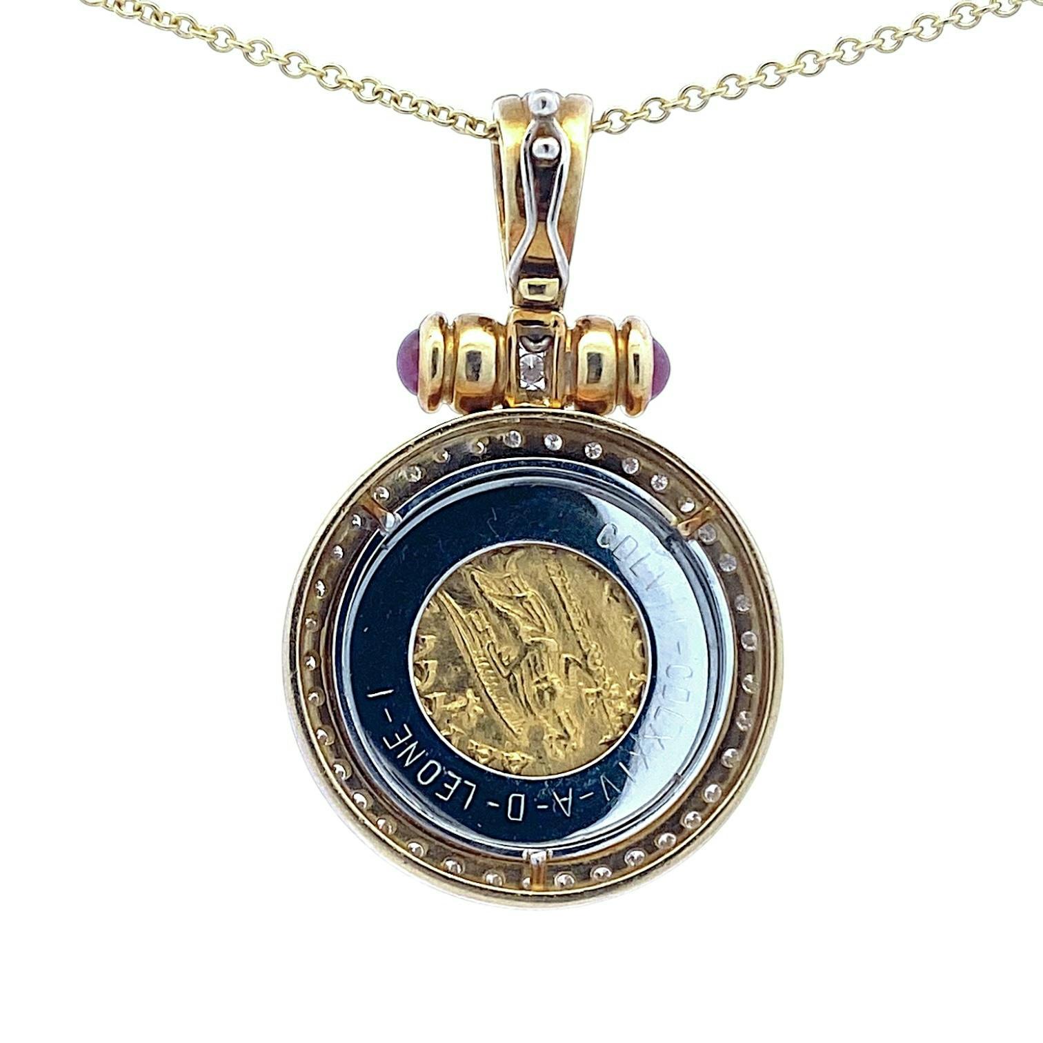 18K Diamond & Ruby Pendant Enhancer with Leo I Gold Solidus Coin In Good Condition In Henderson, NV