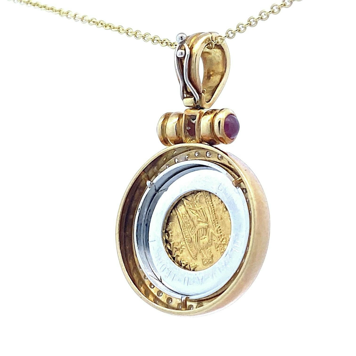 Women's or Men's 18K Diamond & Ruby Pendant Enhancer with Leo I Gold Solidus Coin