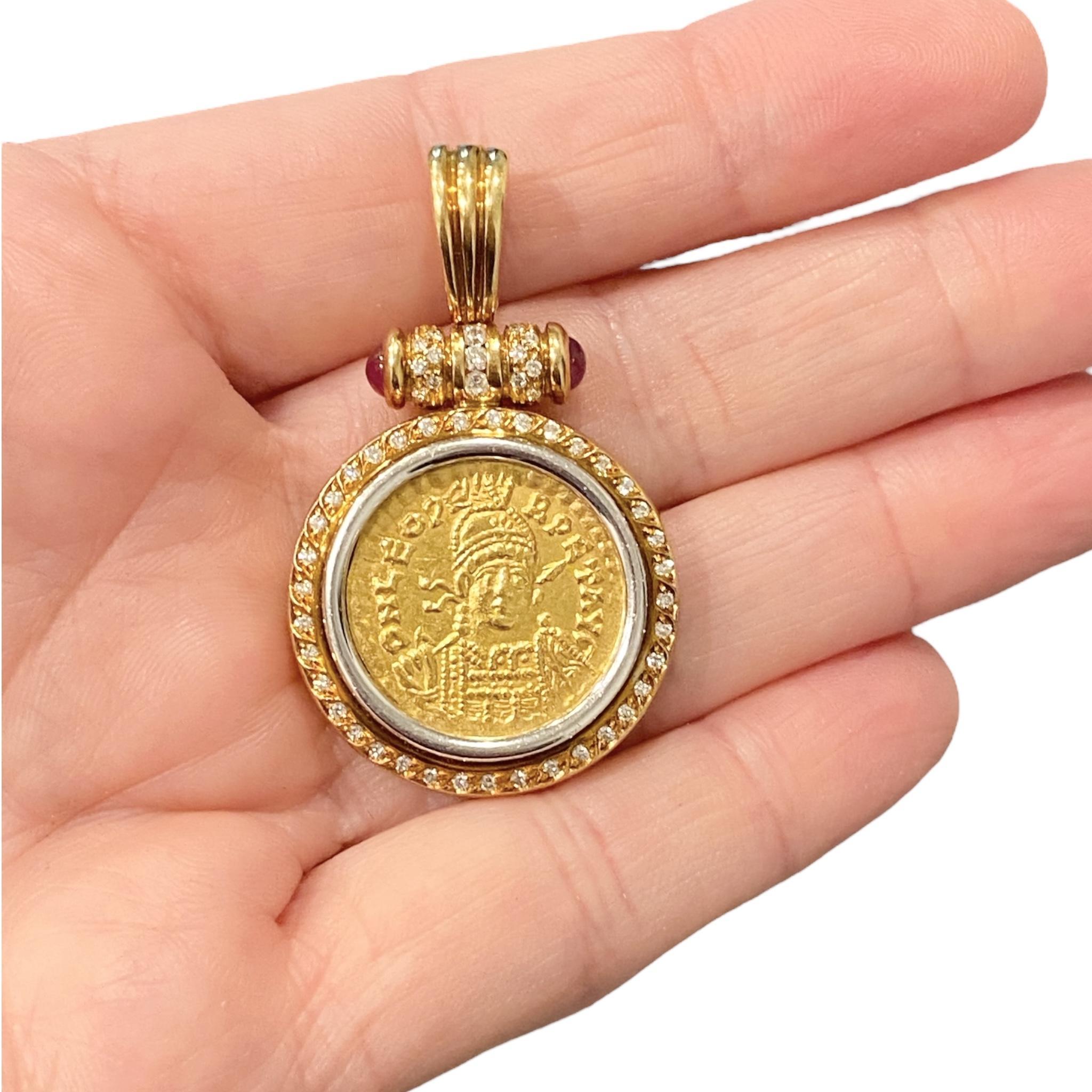 18K Diamond & Ruby Pendant Enhancer with Leo I Gold Solidus Coin 2