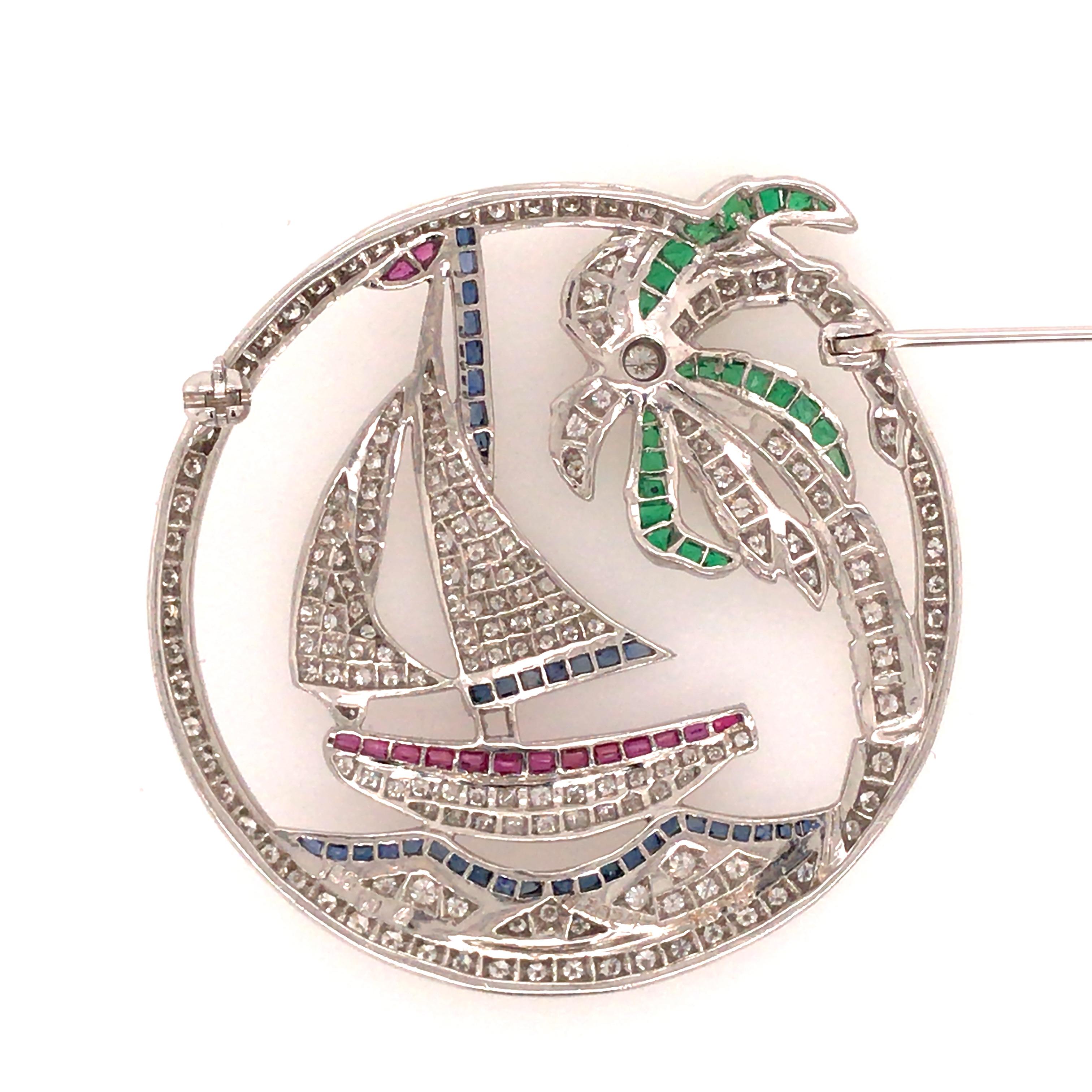 18 Karat Diamond, Ruby, Sapphire and Emerald Sailboat Pin White Gold In Good Condition In Boca Raton, FL