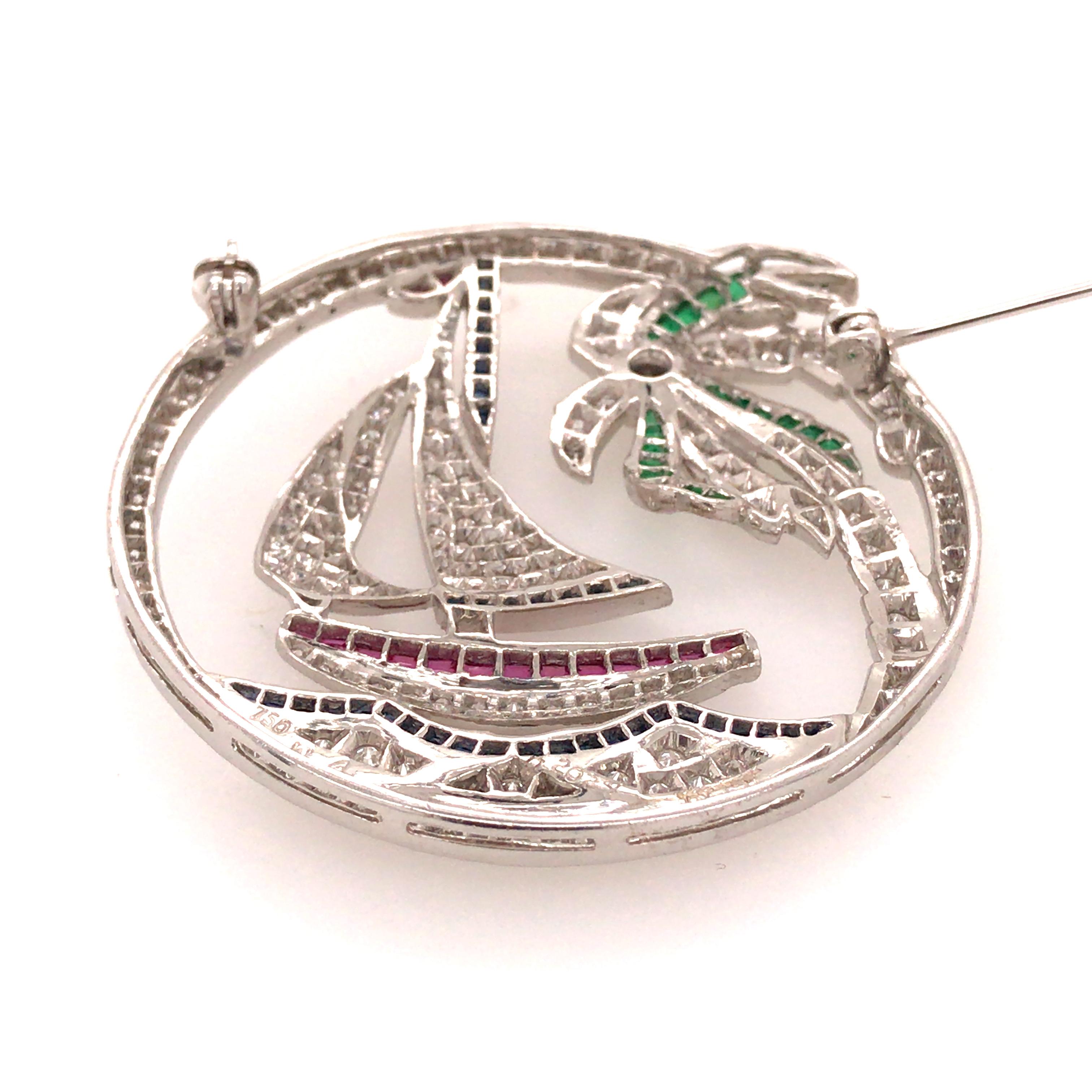 Women's 18 Karat Diamond, Ruby, Sapphire and Emerald Sailboat Pin White Gold