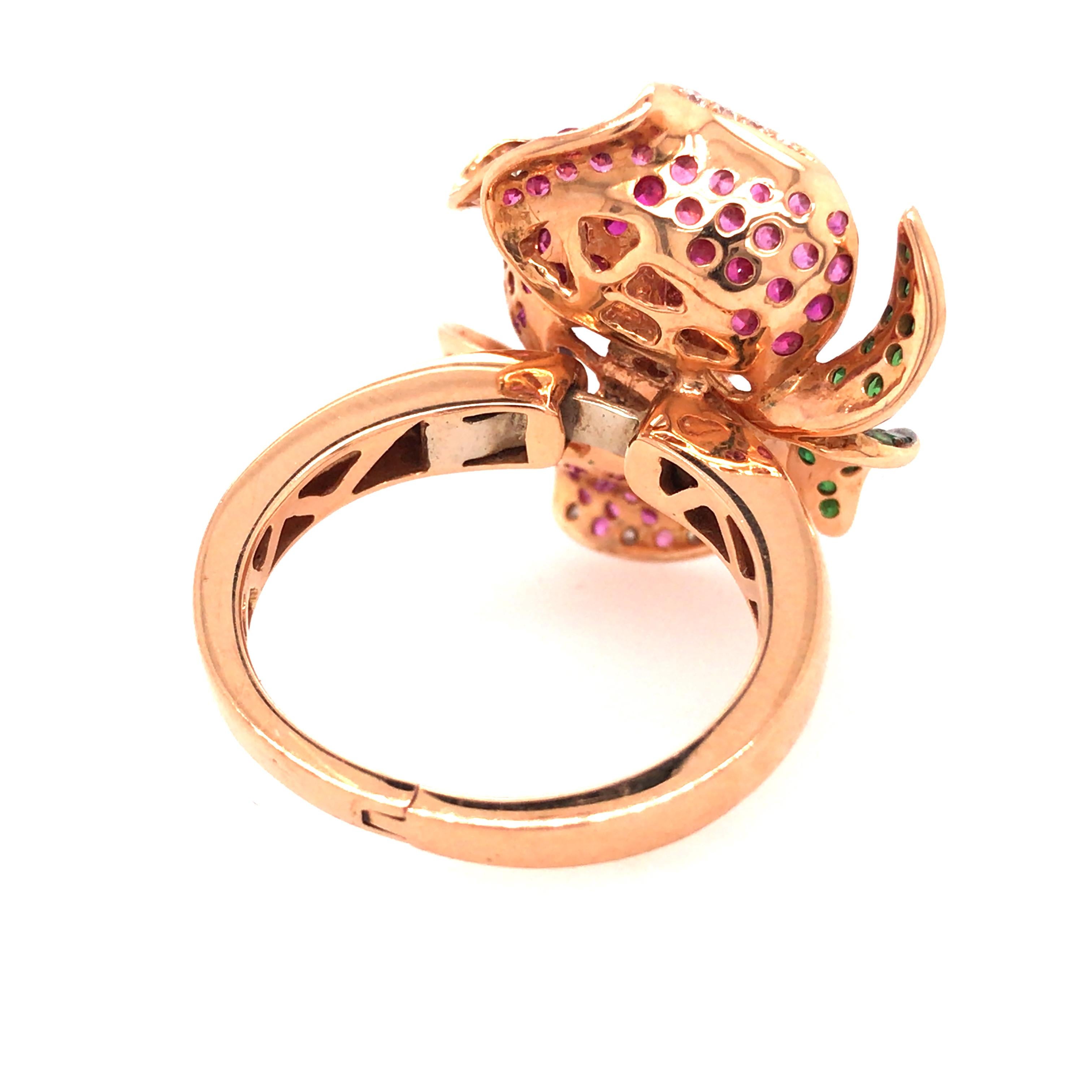 Women's 18K Diamond, Sapphire and Tsavorite Flower Ring Rose Gold