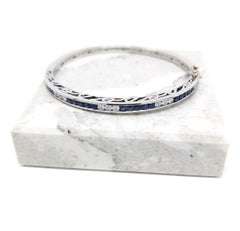 18k Diamante Zafiro Pulsera Bisagra Oro Blanco Macizo Diseñador Firmado Trabajo Abierto