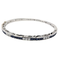 18k Diamante Zafiro Pulsera Bisagra Oro Blanco Macizo Diseñador Firmado Trabajo Abierto