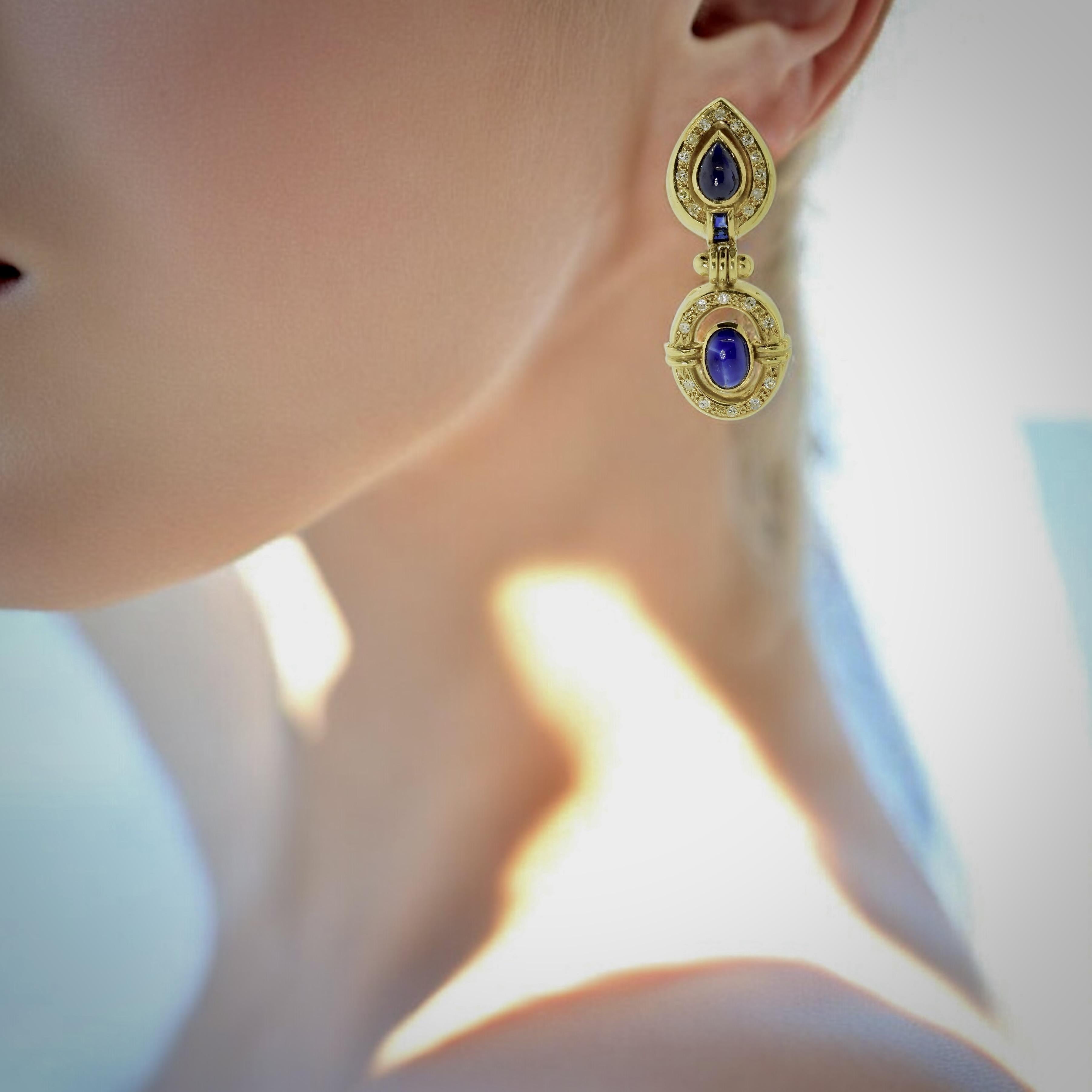Cabochon 18K Diamond & Sapphire Contemporary Earrings For Sale
