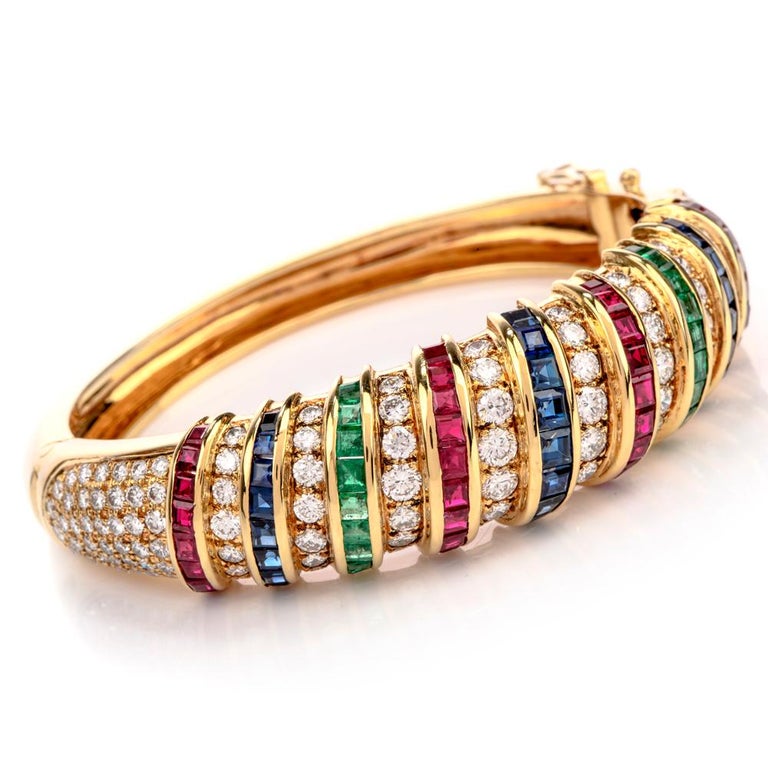 18 Karat Diamond Sapphire Emerald Ruby Gold Bangle Bracelet For Sale at