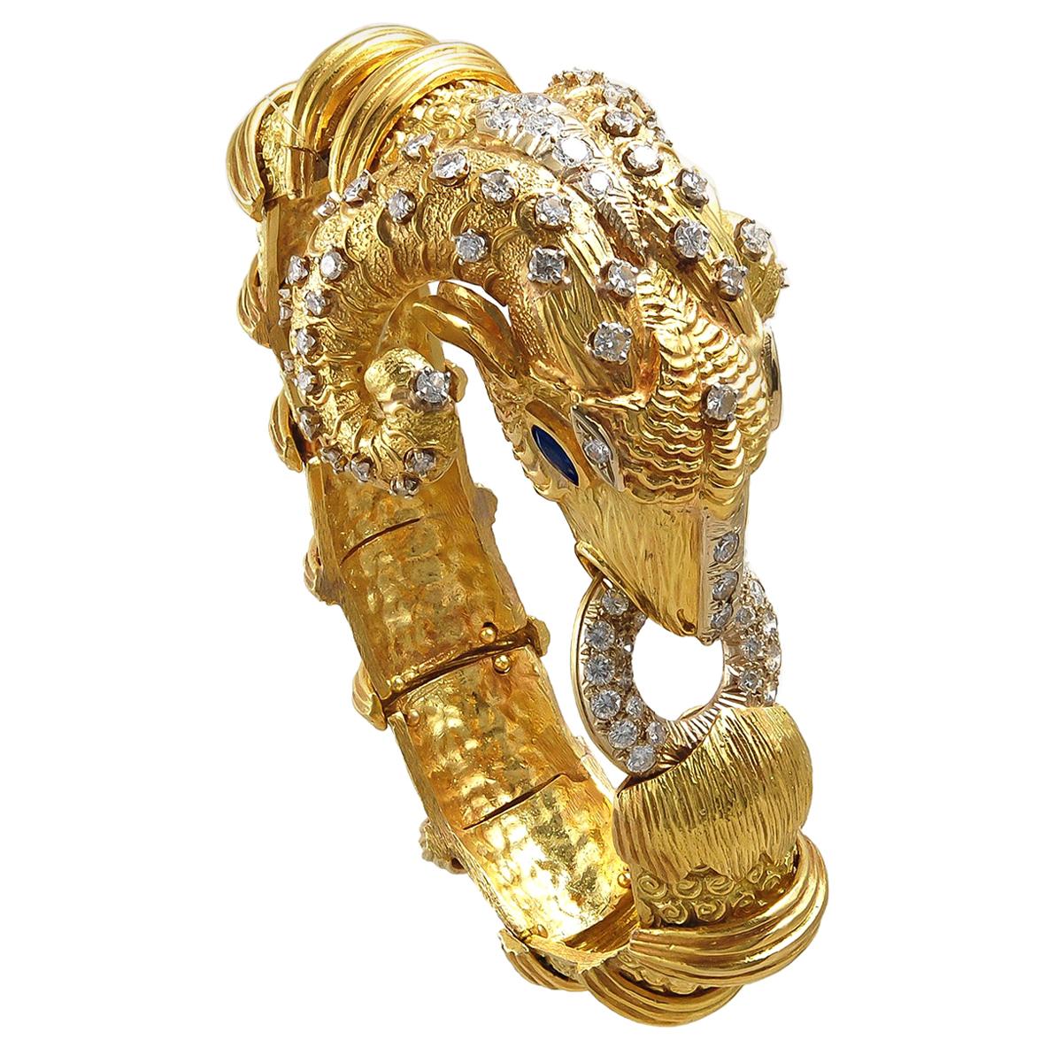 18 Karat Diamond, Sapphire Eyes Ram’s Head Bangle