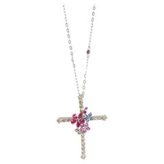 18k Diamond Sapphire Flower Crucifix Pendant. 18k WG Multicolor Cross Necklace.