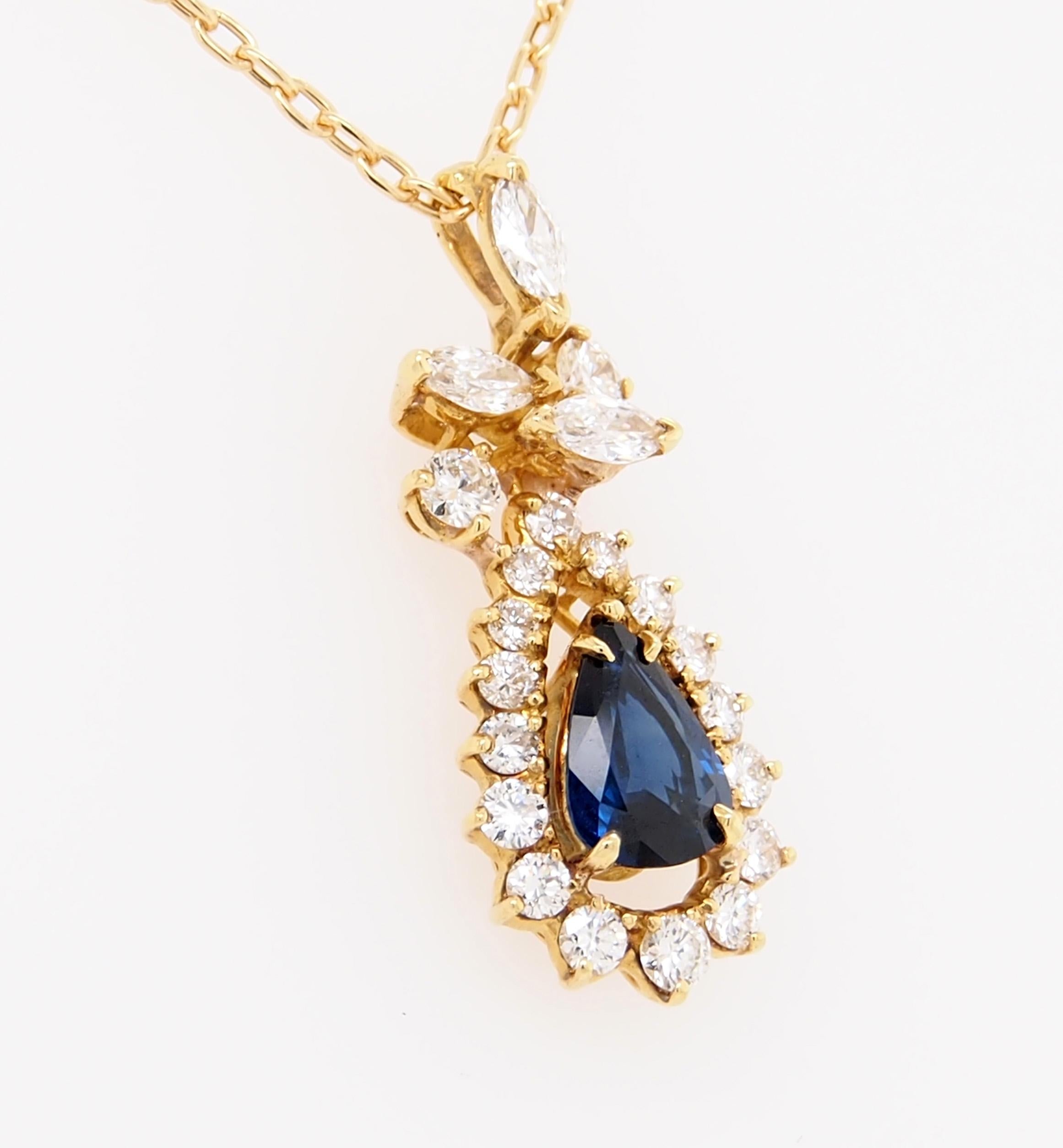18 Karat Diamond Sapphire Pendant Necklace Yellow Gold 1.51 Carat In Good Condition In Boca Raton, FL