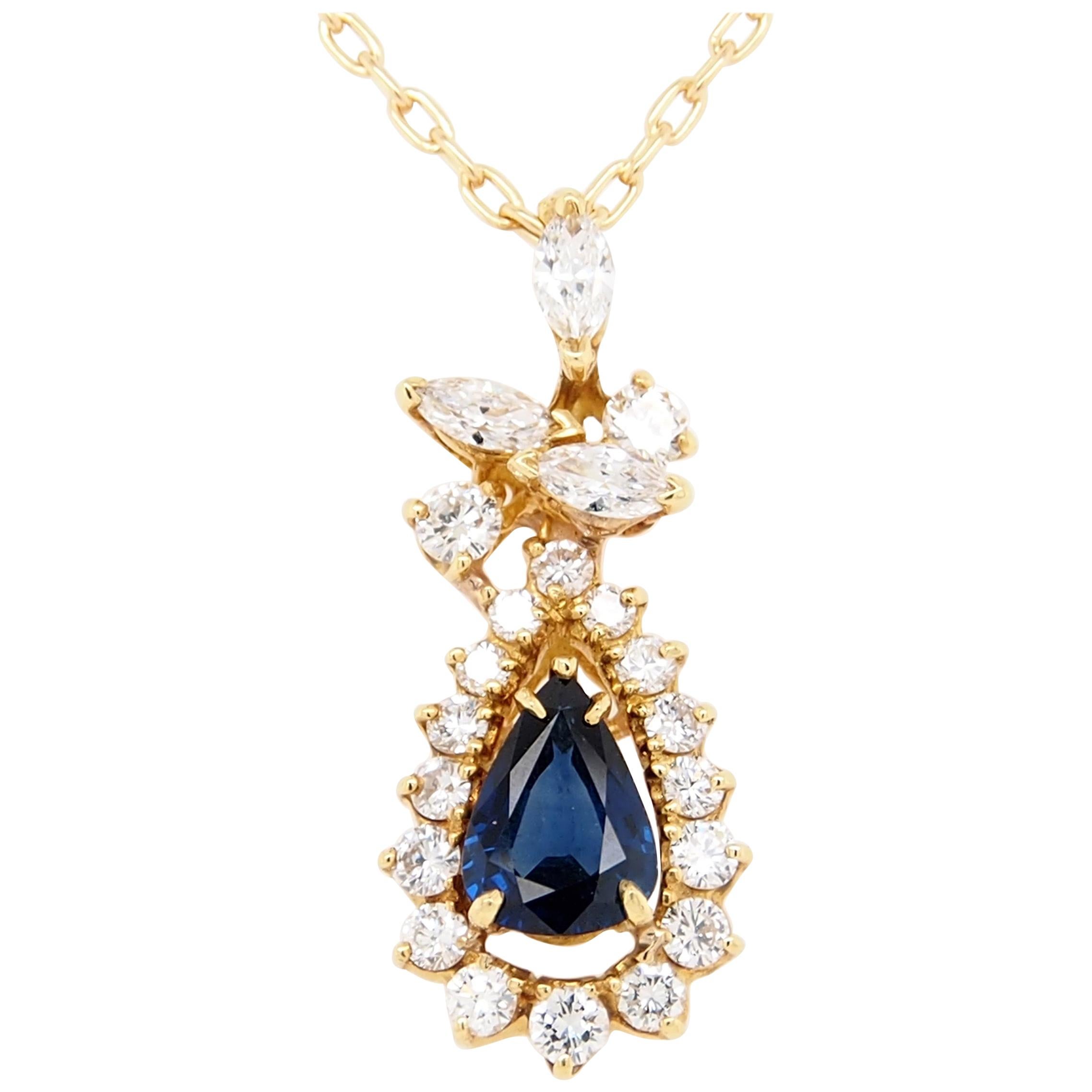 18 Karat Diamond Sapphire Pendant Necklace Yellow Gold 1.51 Carat