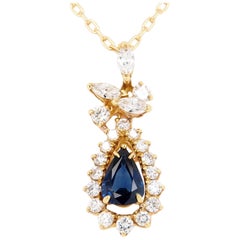 18 Karat Diamond Sapphire Pendant Necklace Yellow Gold 1.51 Carat