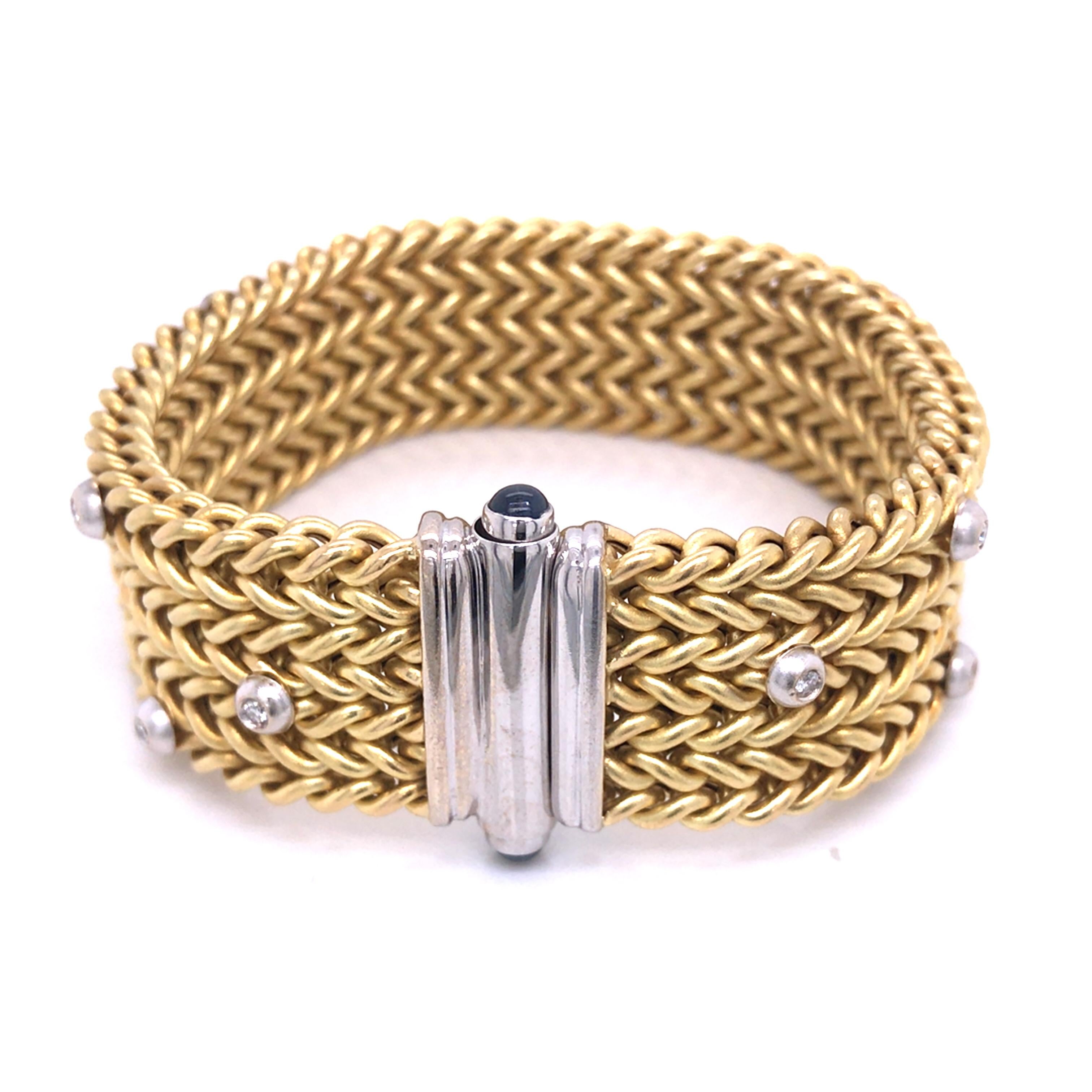 18K Diamond Sapphire Woven Bracelet Two-Tone Gold In Good Condition For Sale In Boca Raton, FL