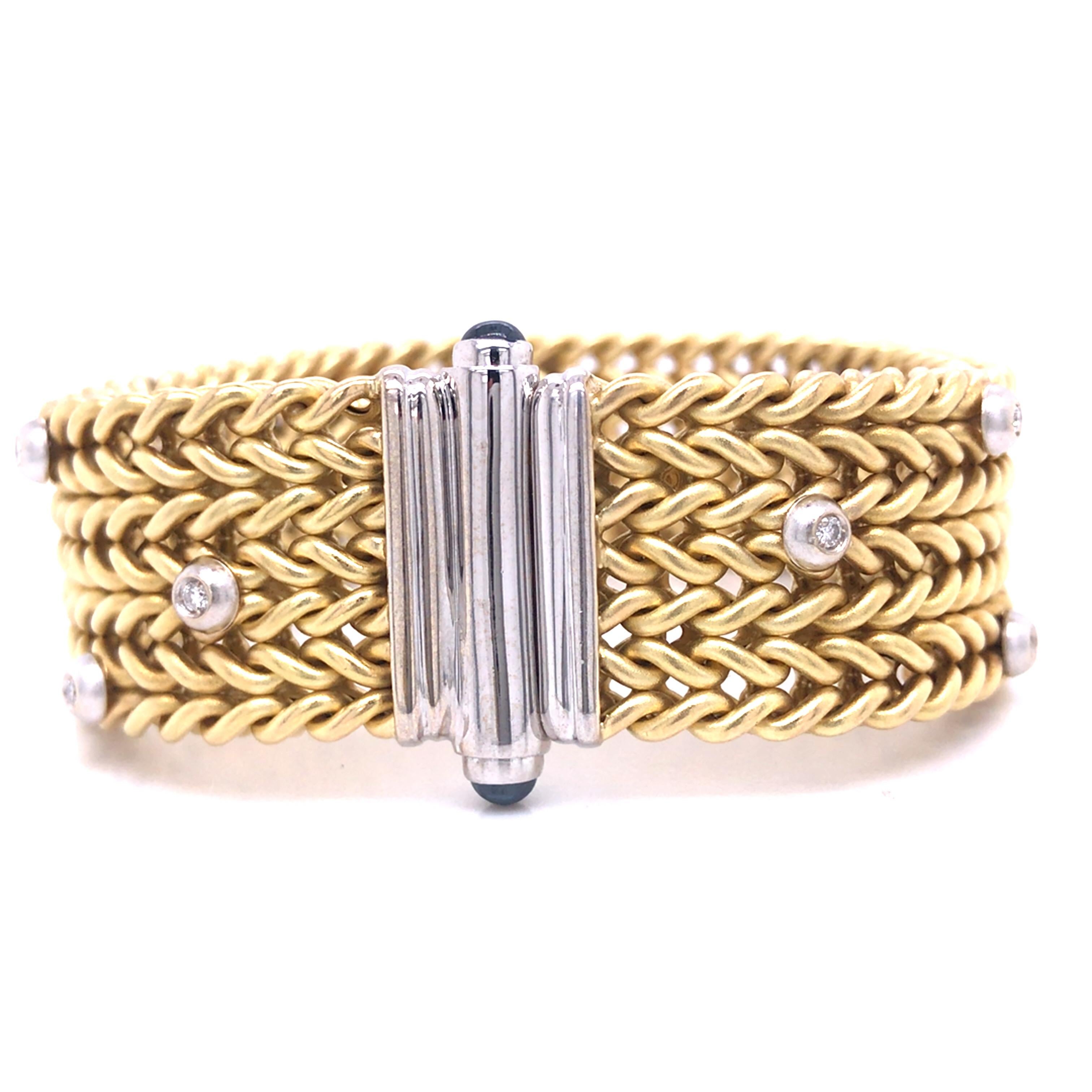 Women's or Men's 18K Diamond Sapphire Woven Bracelet Two-Tone Gold For Sale
