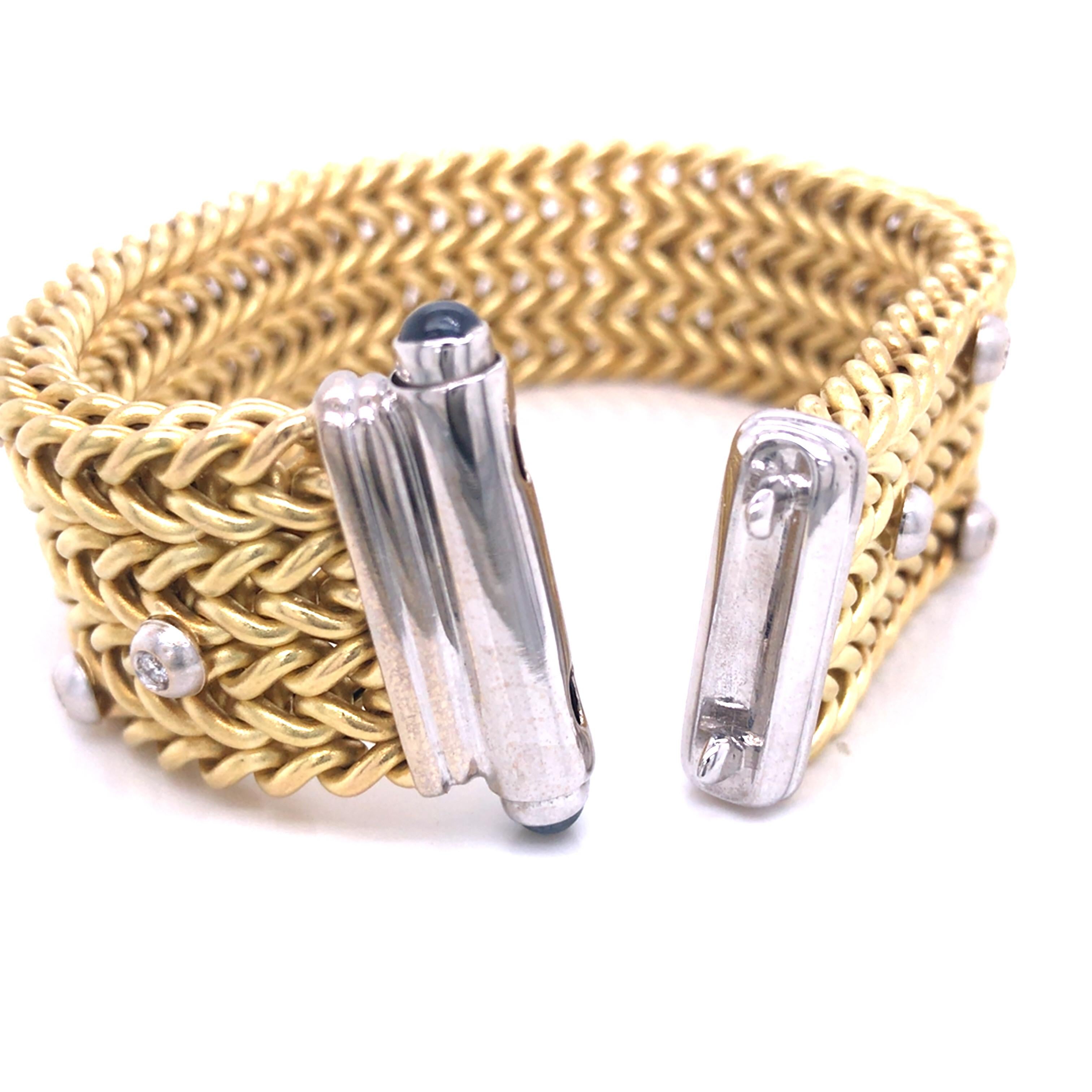 18K Diamond Sapphire Woven Bracelet Two-Tone Gold For Sale 1