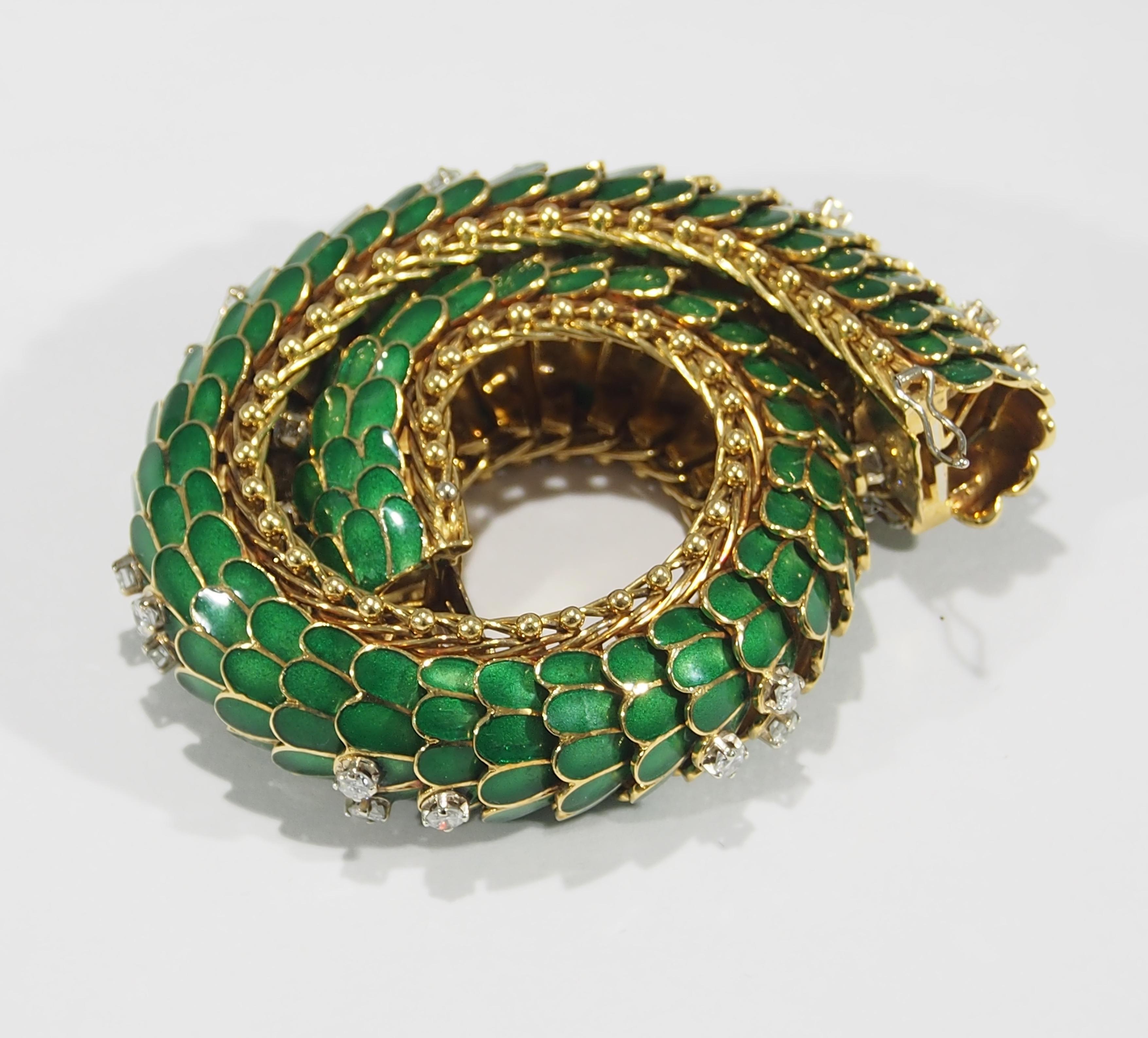 Impressive diamond and enamel 8 inches of reptilian-inspired fine jewelry. Intense green enamel scales gently lift and move as you don this lovely bracelet. Resembling a dragon's tail or serpent, this is a masterfully hand-fabricated piece of truly