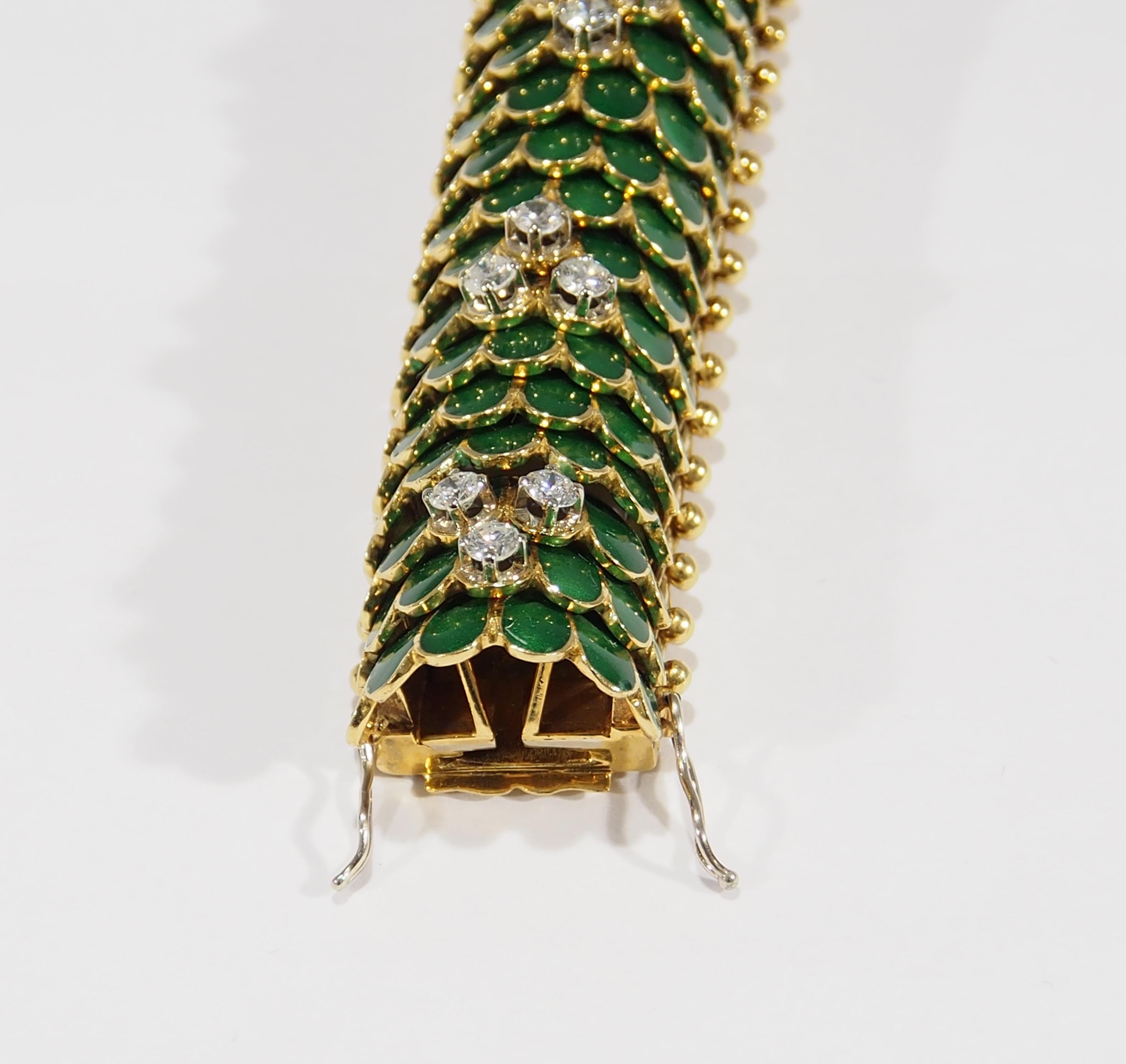 Women's or Men's 18 Karat Diamond Snake Bracelet Yellow Gold Green Enamel