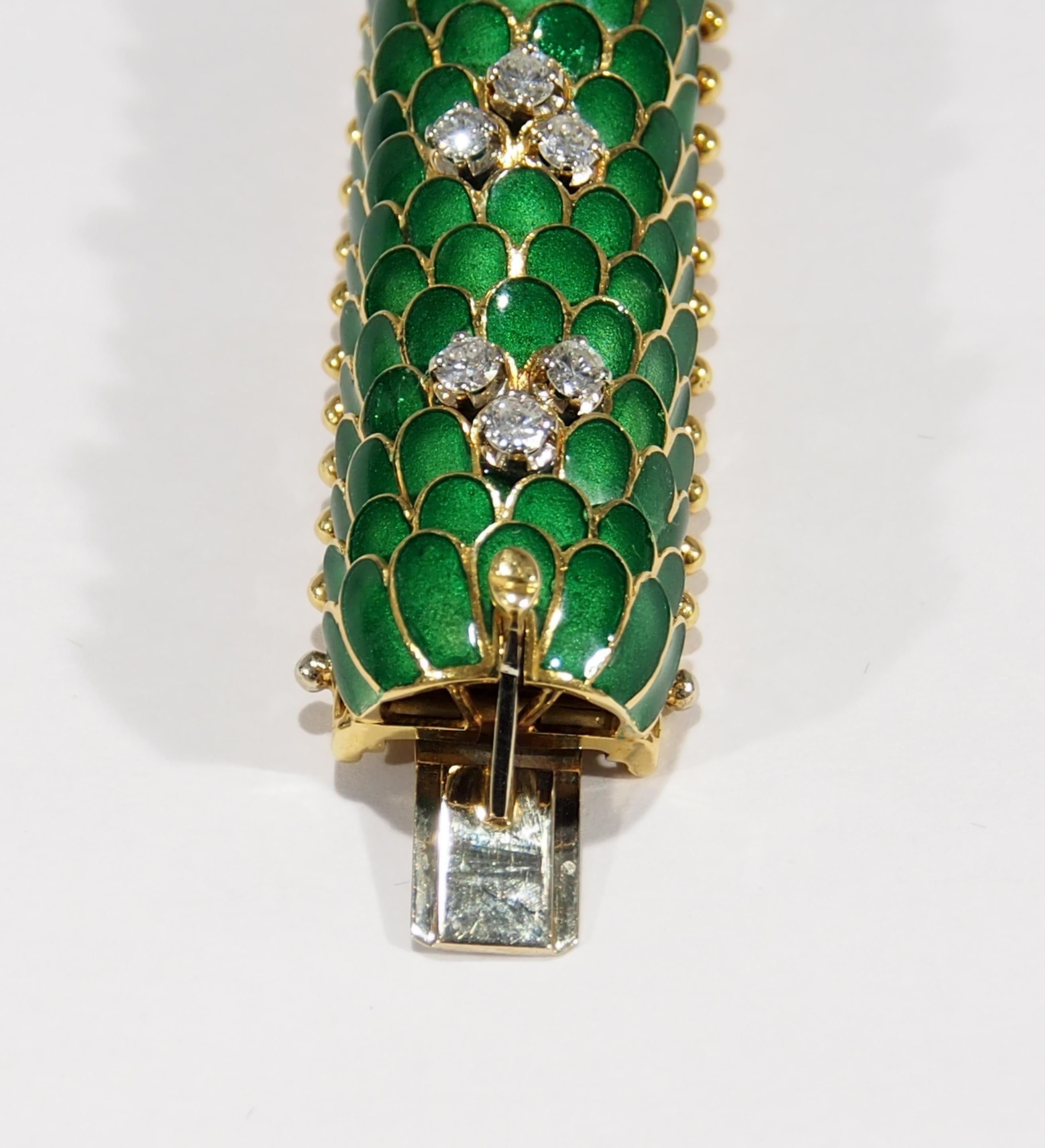 18 Karat Diamond Snake Bracelet Yellow Gold Green Enamel 1