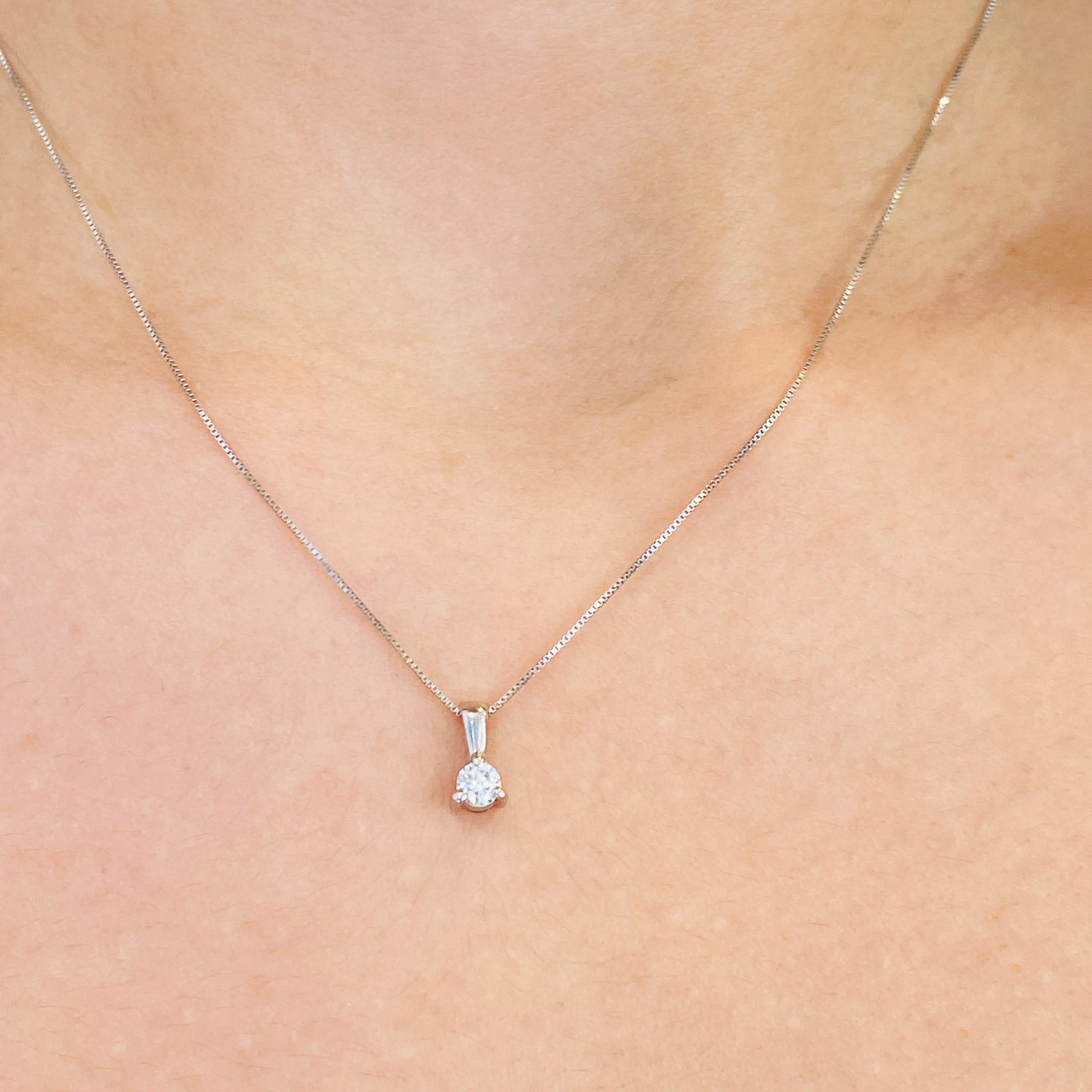 Grace the neck of your loved one with this beautiful .20 carat diamond necklace in 18 karat white gold! This beautiful 1/5 carat diamond pendant will flatter your favorite person! The gorgeous G color diamond sparkles brightly in its gracefully