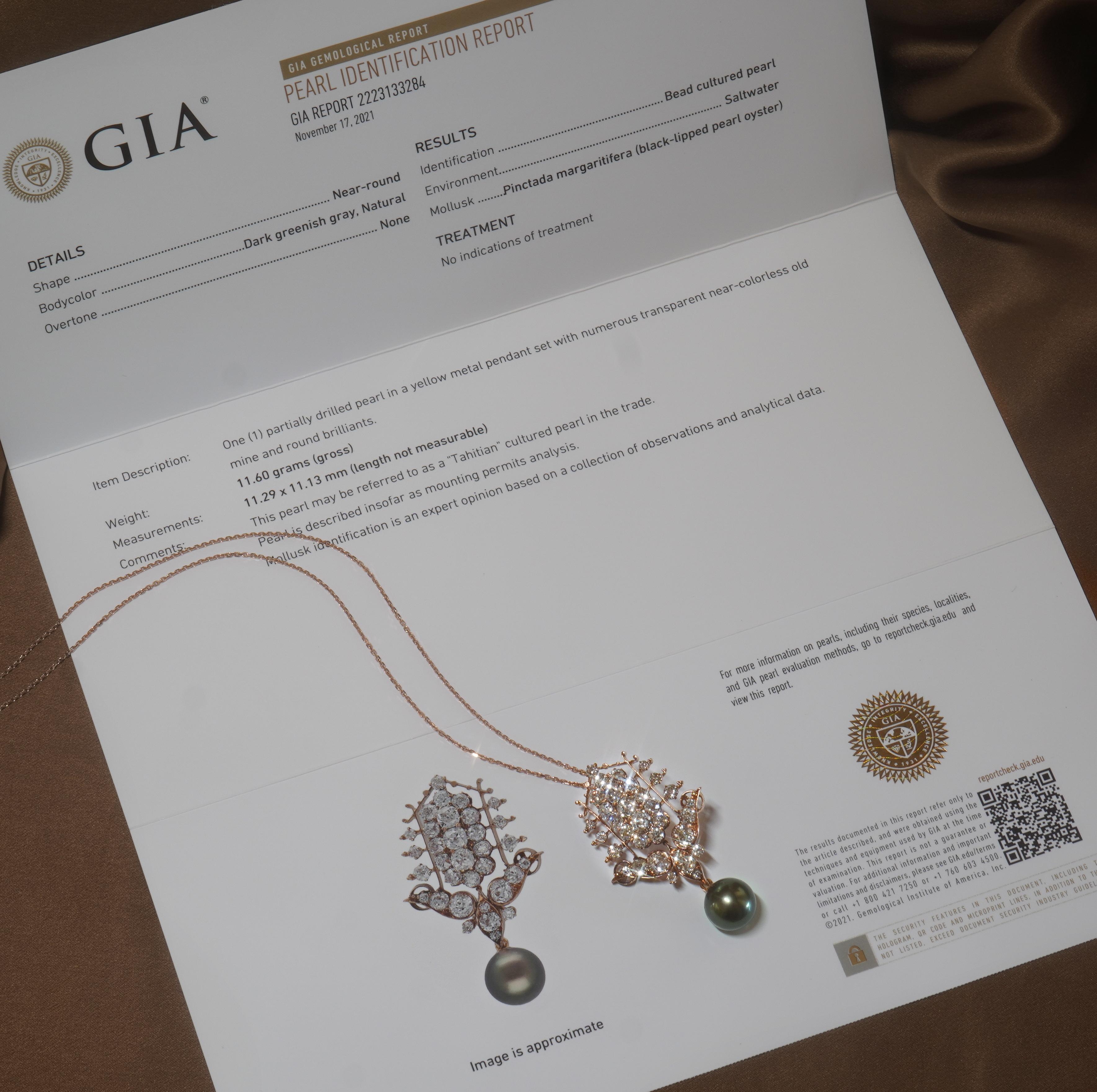 Old South Jewels proudly presents LUXURY.  GORGEOUS GIA 7.02 CARATS 18K TAHITIAN PEARL & DIAMOND PENDANT & CHAIN & BOX!   Rare Shimmering Old Mine Cut Diamonds.   7.02 Carats Of Fine Big Old European Diamonds.  Huge Vintage Natural Saltwater Pearls