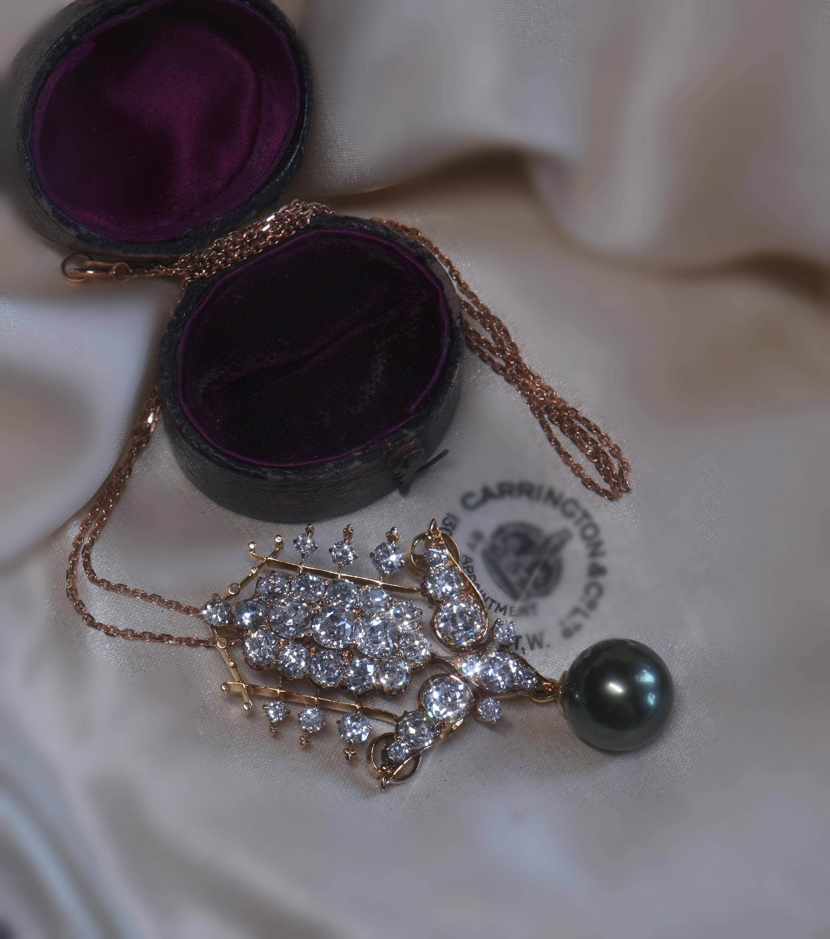 Women's 18K Diamond Tahitian Pearl GIA Antique Pendant VS Old Mine Necklace 7.02 Cts For Sale
