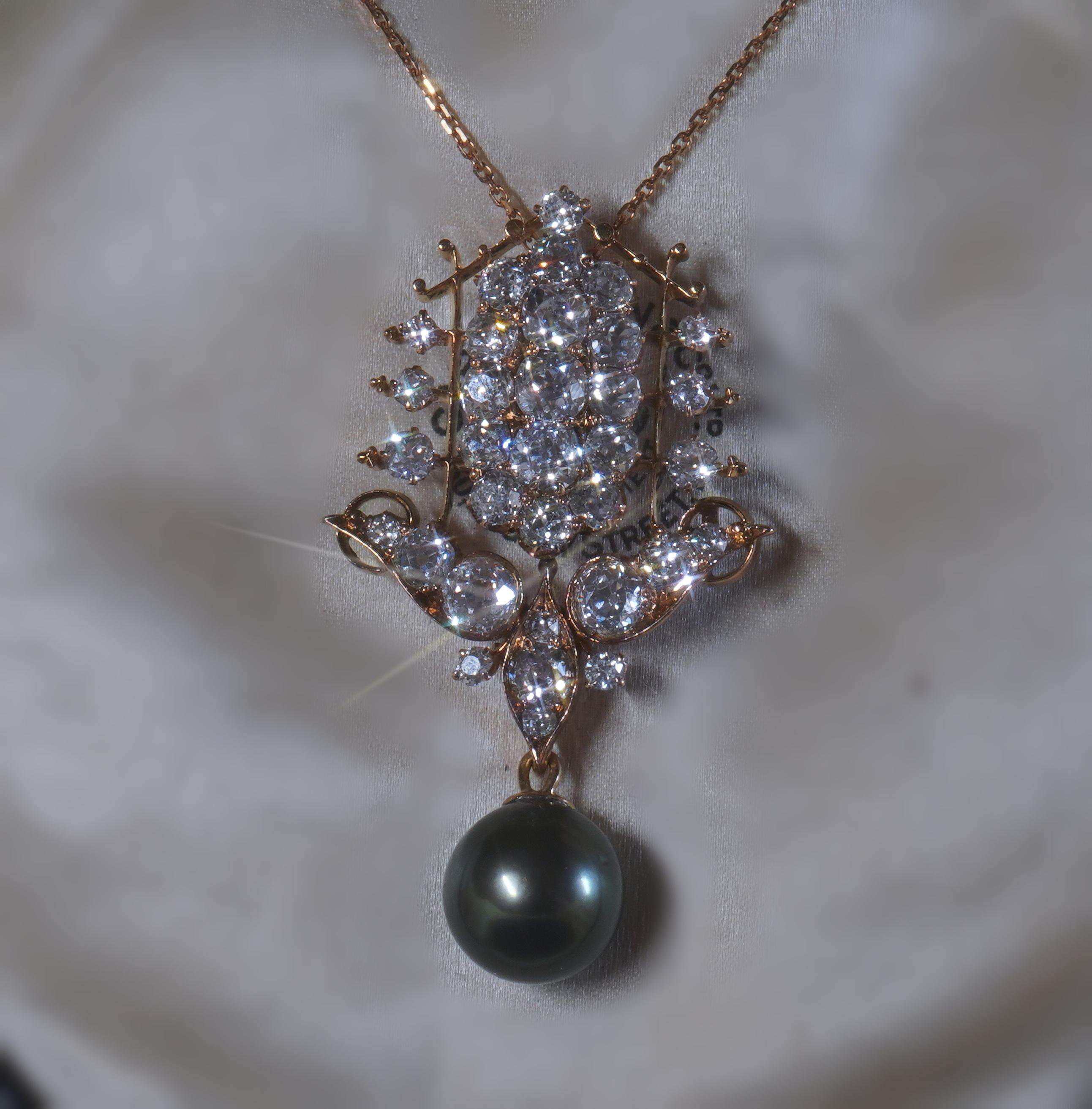 18K Diamond Tahitian Pearl GIA Antique Pendant VS Old Mine Necklace 7.02 Cts For Sale 3