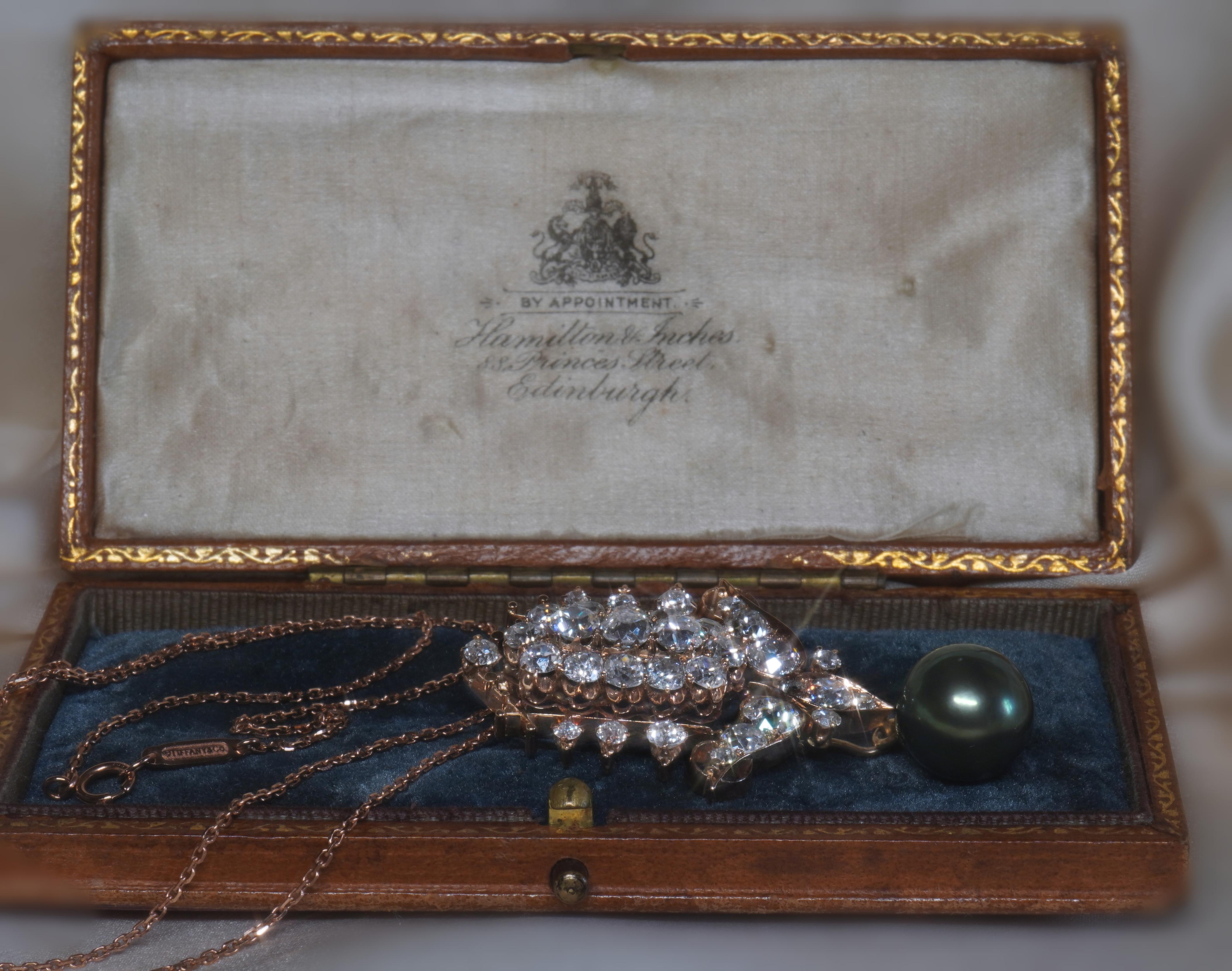 18K Diamond Tahitian Pearl GIA Antique Pendant VS Old Mine Necklace 7.02 Cts For Sale 4