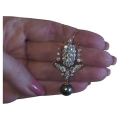 18K Diamond Tahitian Pearl GIA Antique Pendant VS Old Mine Necklace 7.02 Cts