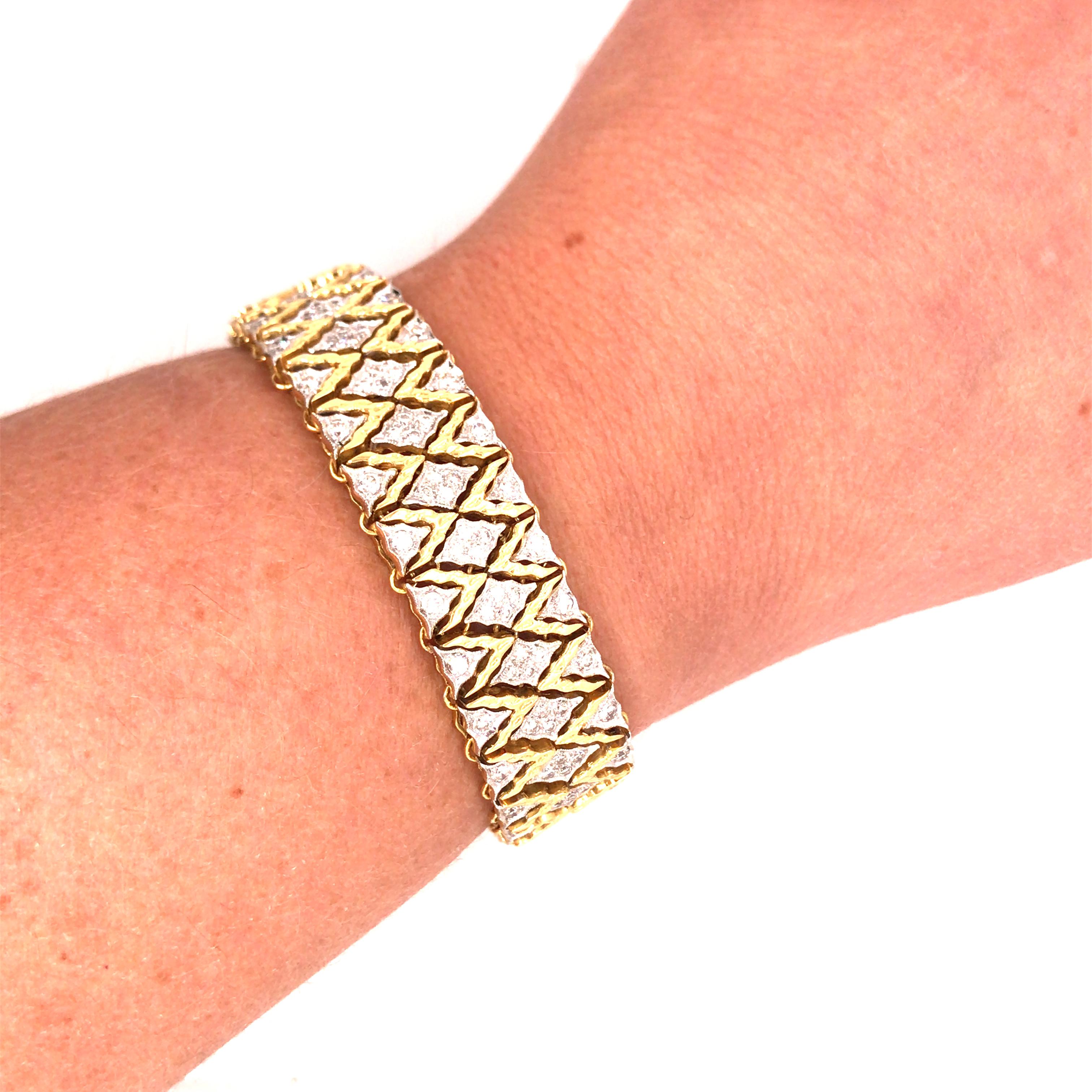 Round Cut 18K Diamond Weave Bracelet Two-Tone Gold For Sale