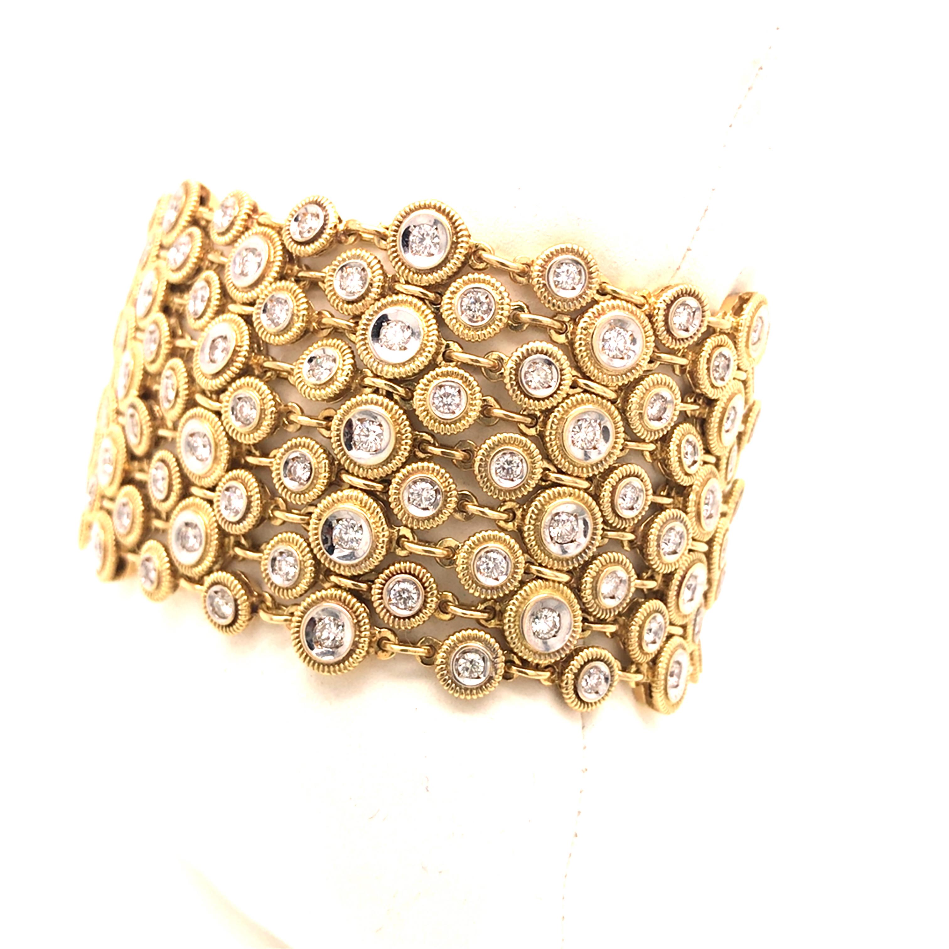 Round Cut 18K Diamond Wide Geometric Weave Bracelet Two-Tone Gold