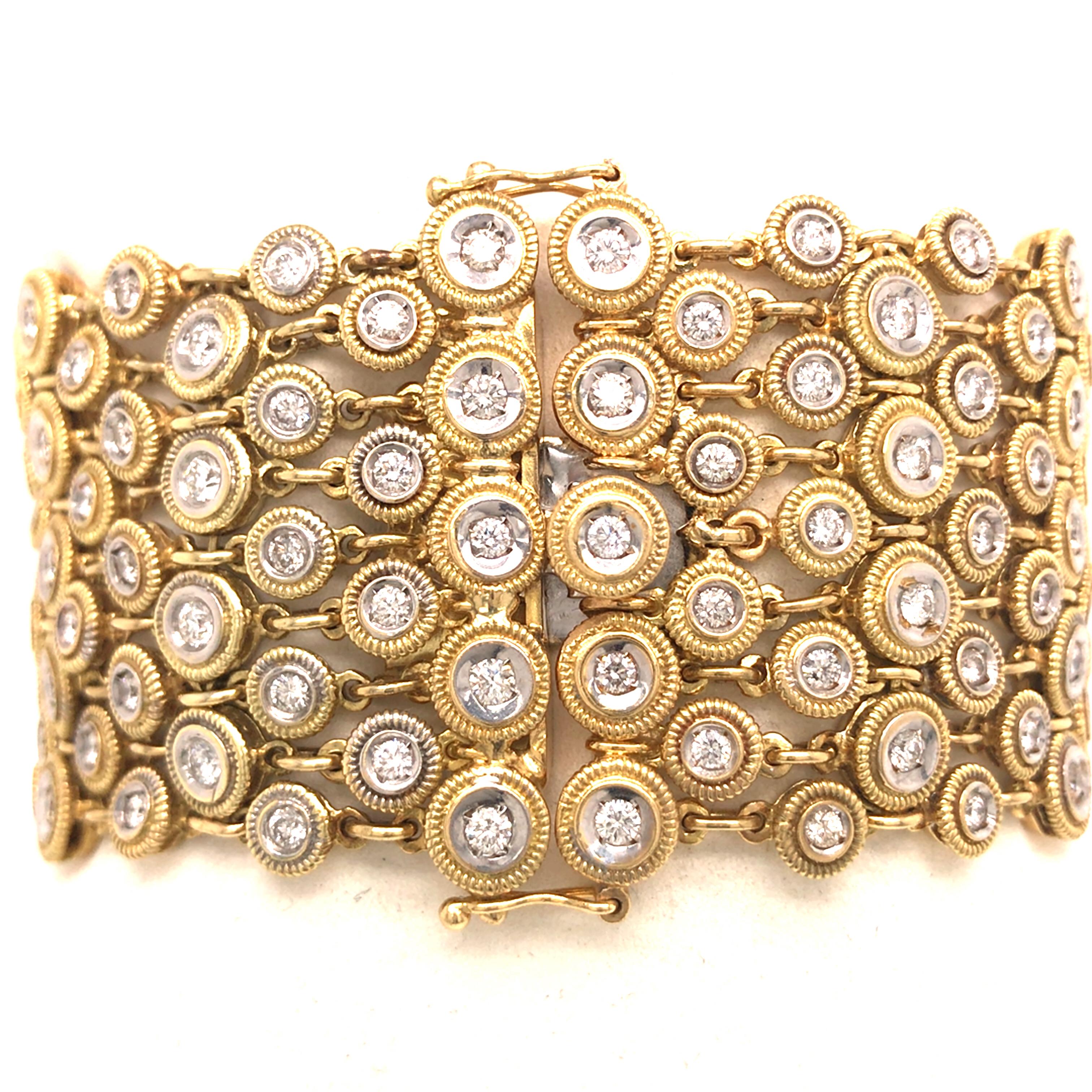 18K Diamond Wide Geometric Weave Bracelet Two-Tone Gold In Good Condition In Boca Raton, FL