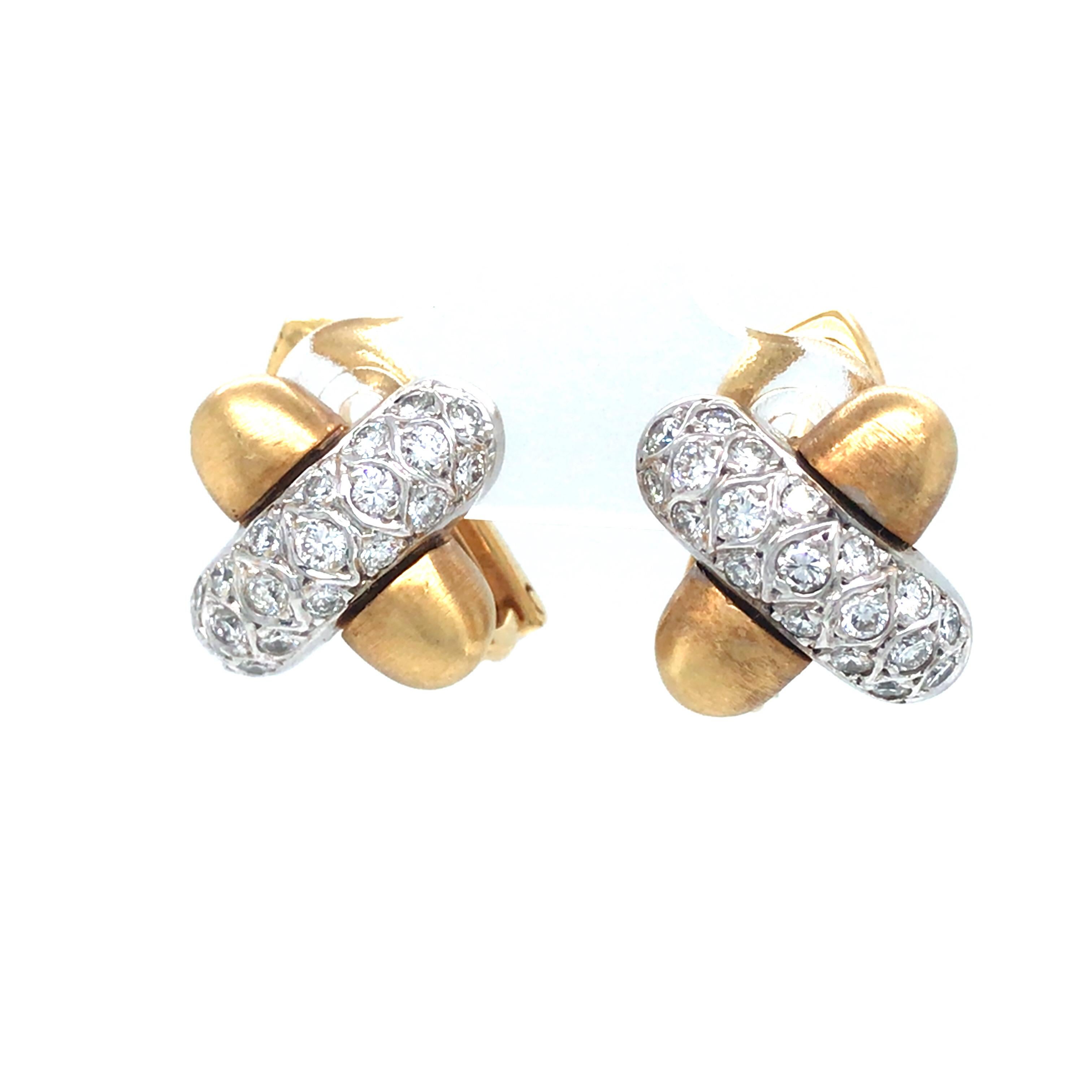 Diamond 'X' Earrings in 18K Two-Tone Gold.  Round Brilliant Cut Diamonds weighing 1.0 carat total weight, G-H in color and VS-SI in clarity are expertly set.  The Earrings measure 1/2 inch in length and width. 13.84 grams.
