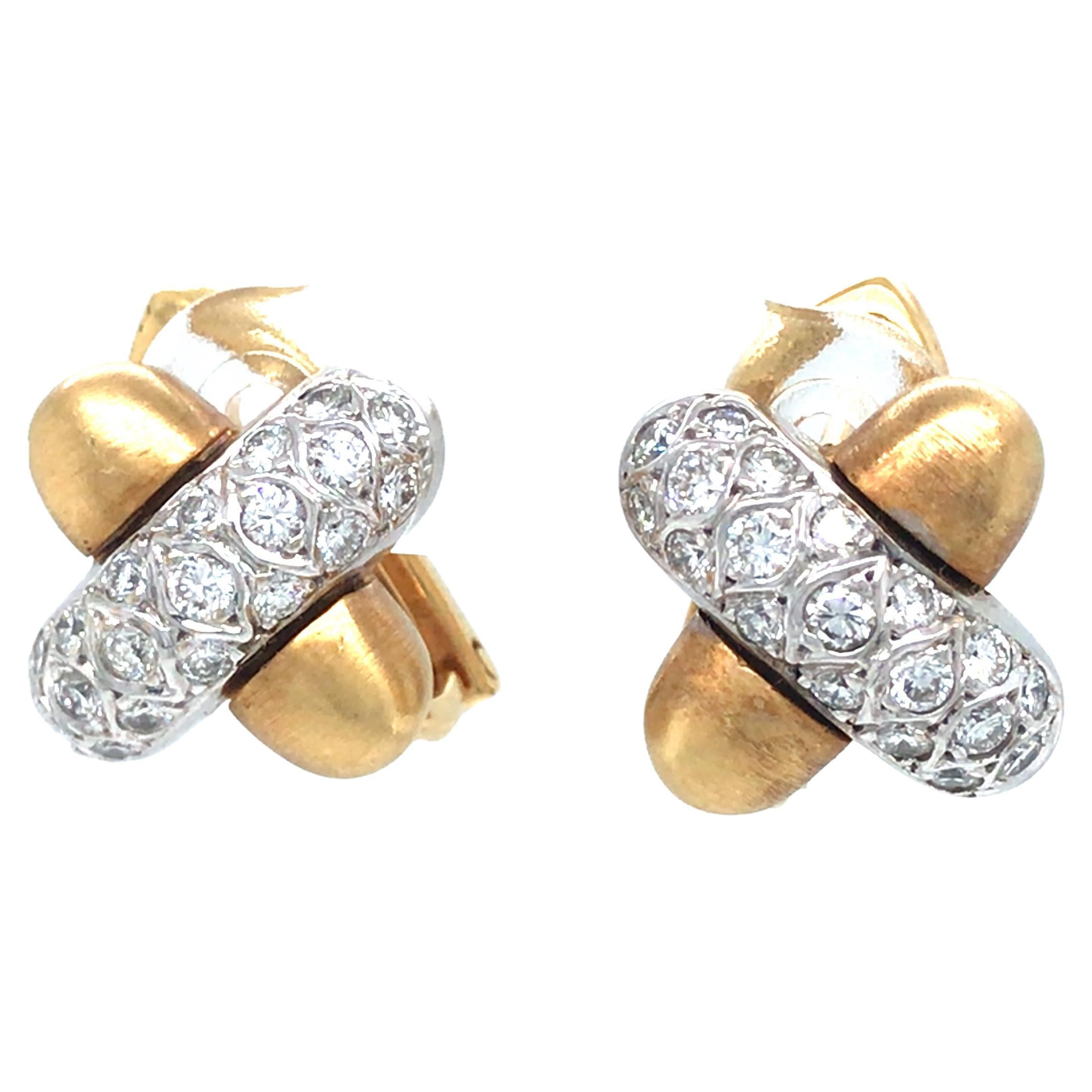 18K Diamond 'X' Earrings Two-Tone Gold For Sale