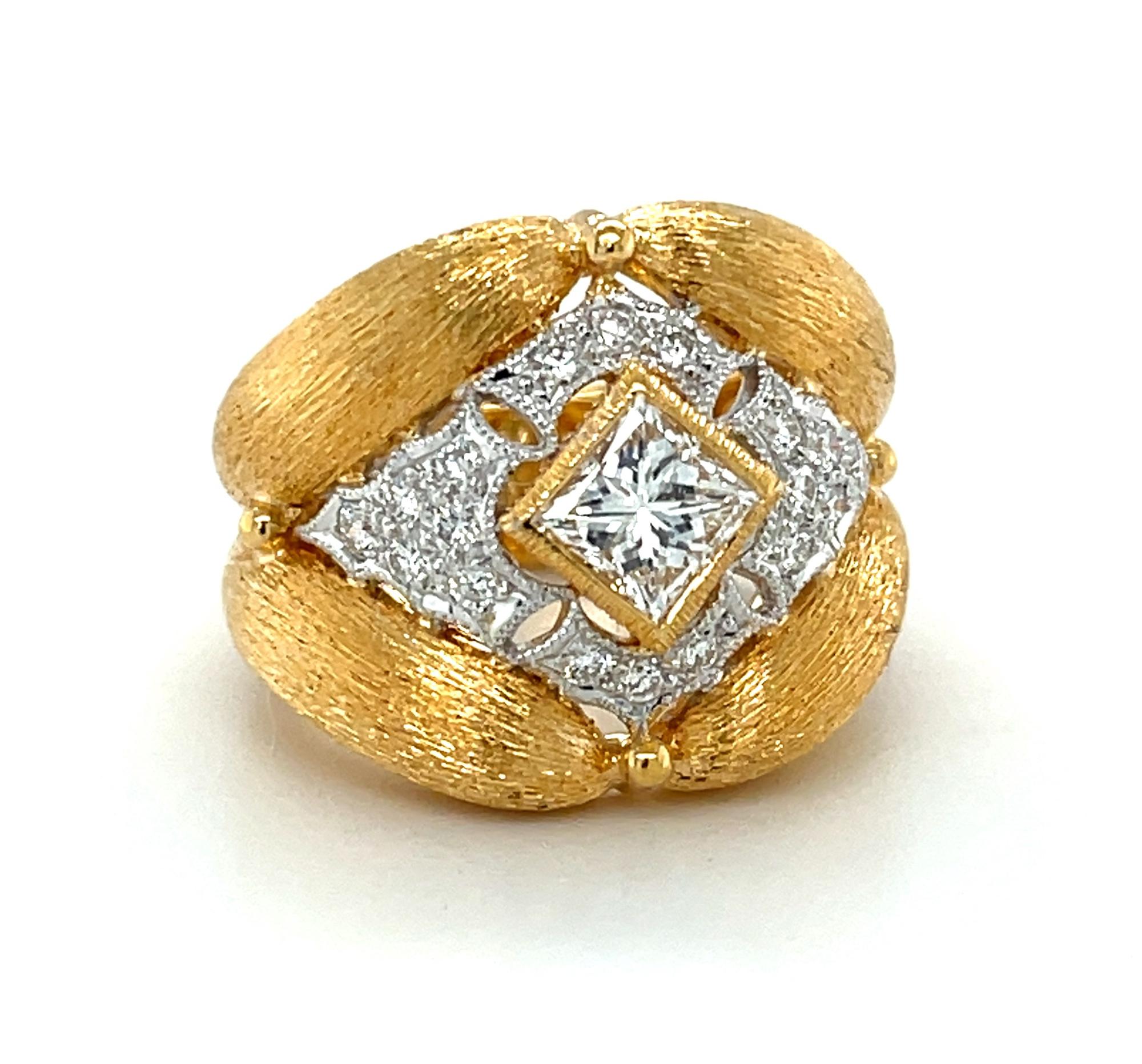 This stunning ring was crafted in luscious 18k yellow and white gold with a gorgeous Florentine-inspired finish that makes it the perfect ring for both daytime and evening special occasion wear! It is set with a sparkling, 0.60 carat princess cut
