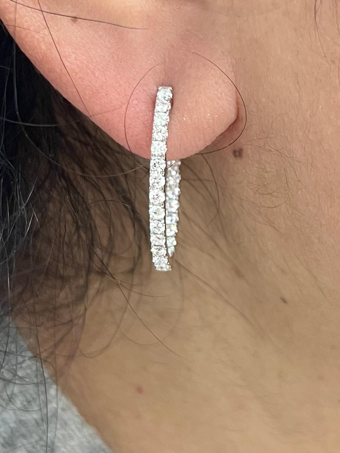 Round Cut 18K Diamonds Inside and Out Hoop Earrings For Sale
