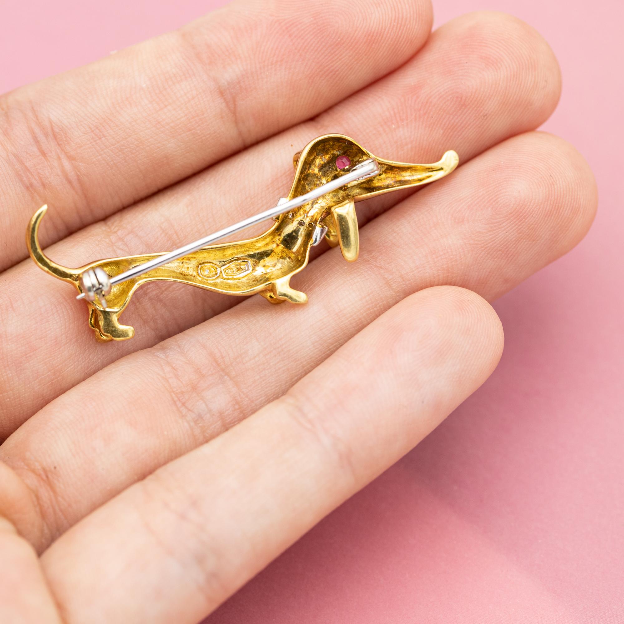 18k Hund Brosche - massivem Gelbgold Tier - Französisch Diamant Rubin Halsband Pin im Angebot 6