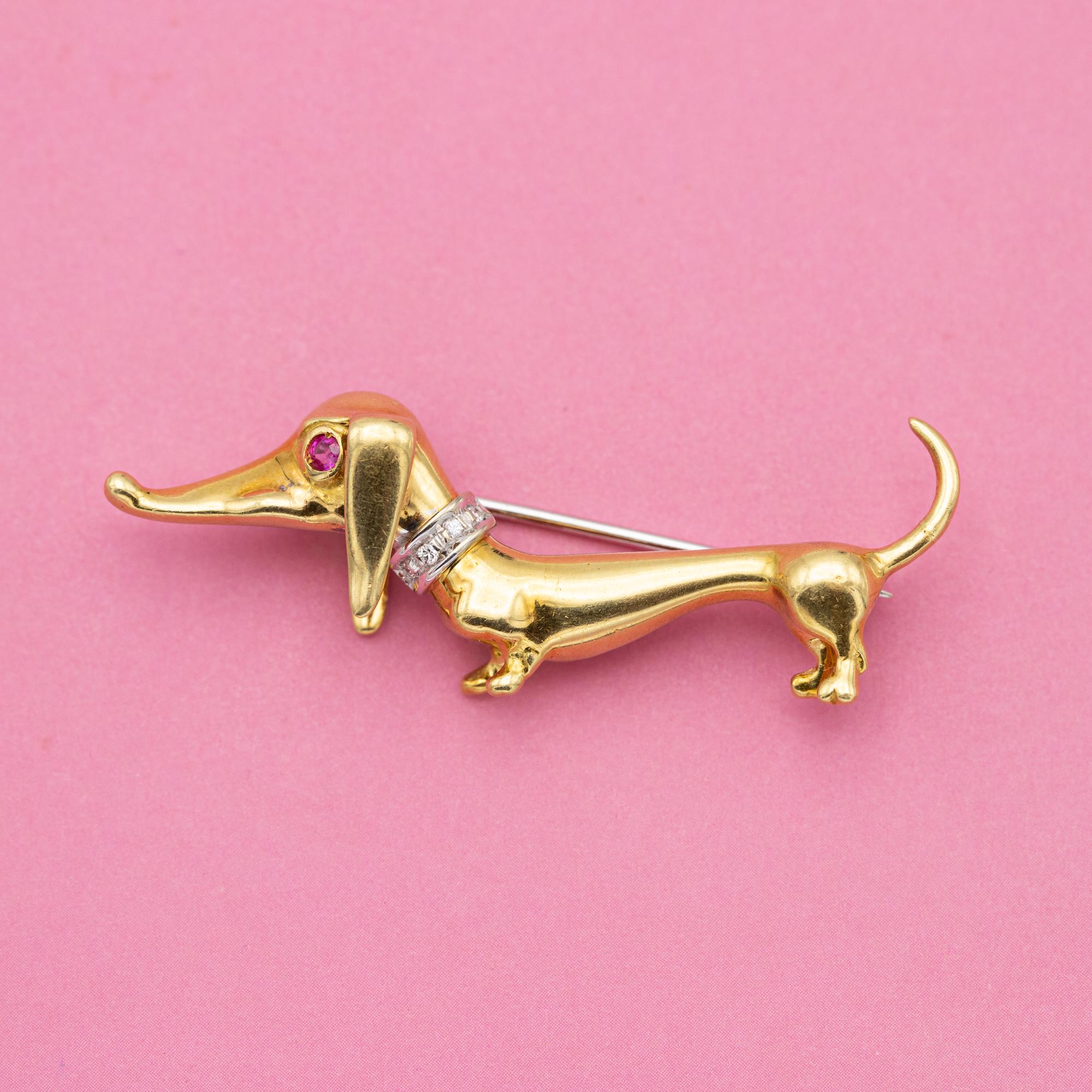 18k dog Brooch - solid yellow gold animal - french diamond ruby collar pin For Sale 7