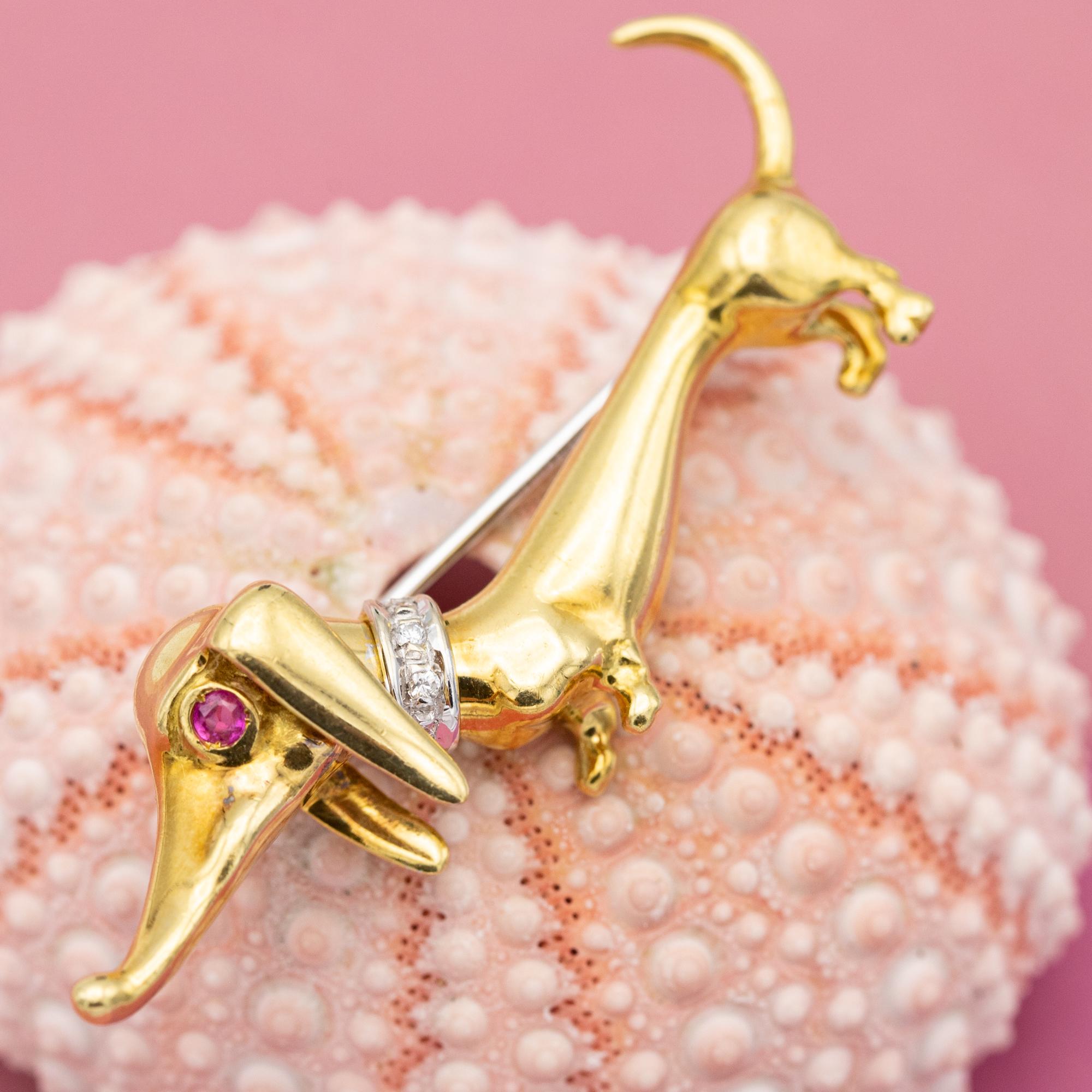 Modern 18k dog Brooch - solid yellow gold animal - french diamond ruby collar pin For Sale