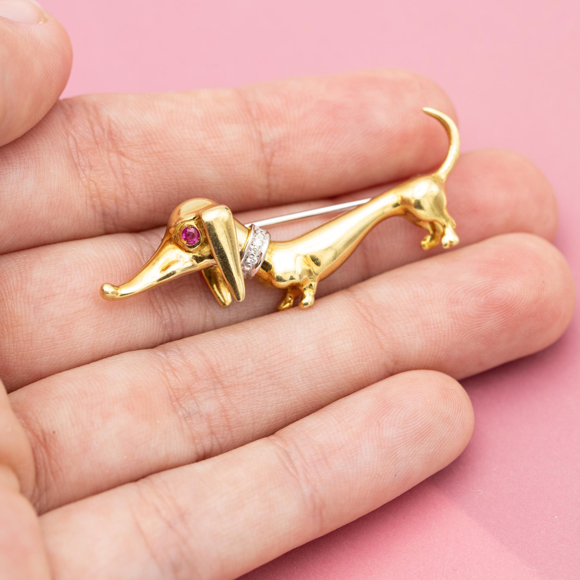 Brilliant Cut 18k dog Brooch - solid yellow gold animal - french diamond ruby collar pin For Sale
