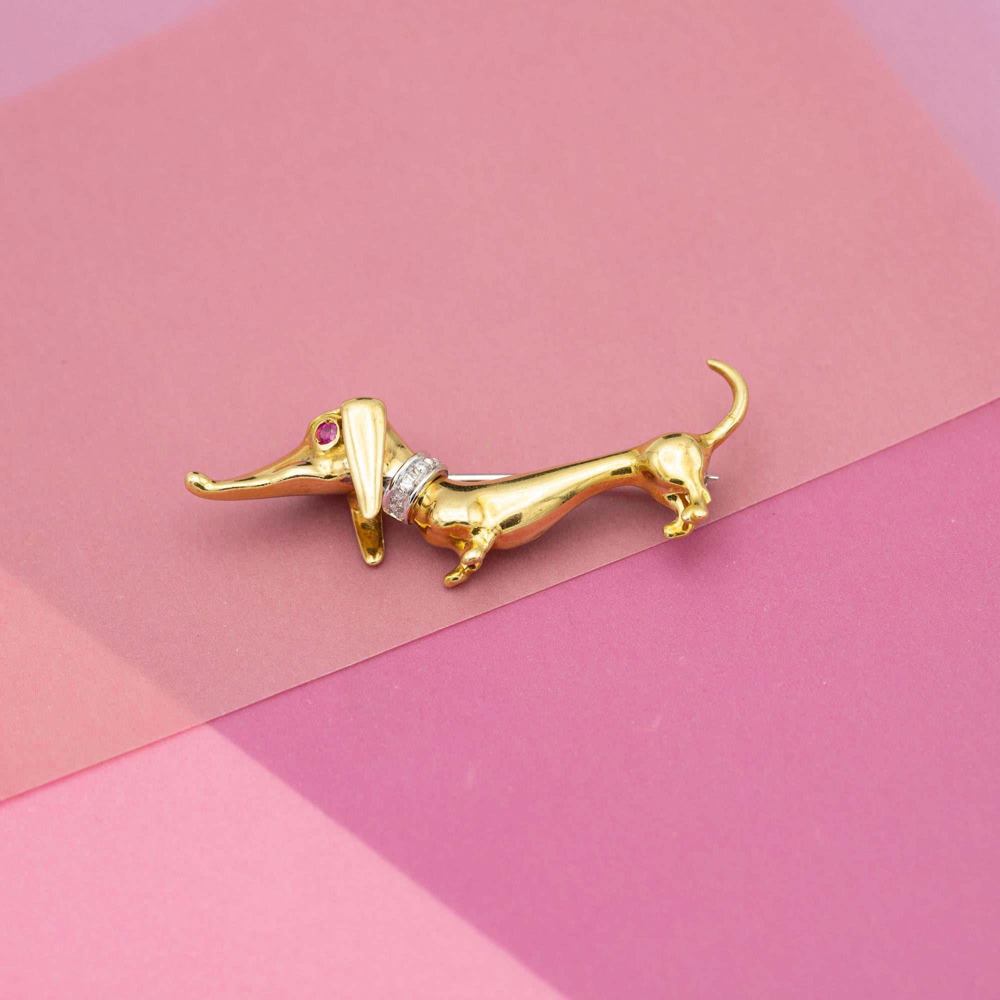 18k Hund Brosche - massivem Gelbgold Tier - Französisch Diamant Rubin Halsband Pin für Damen oder Herren im Angebot