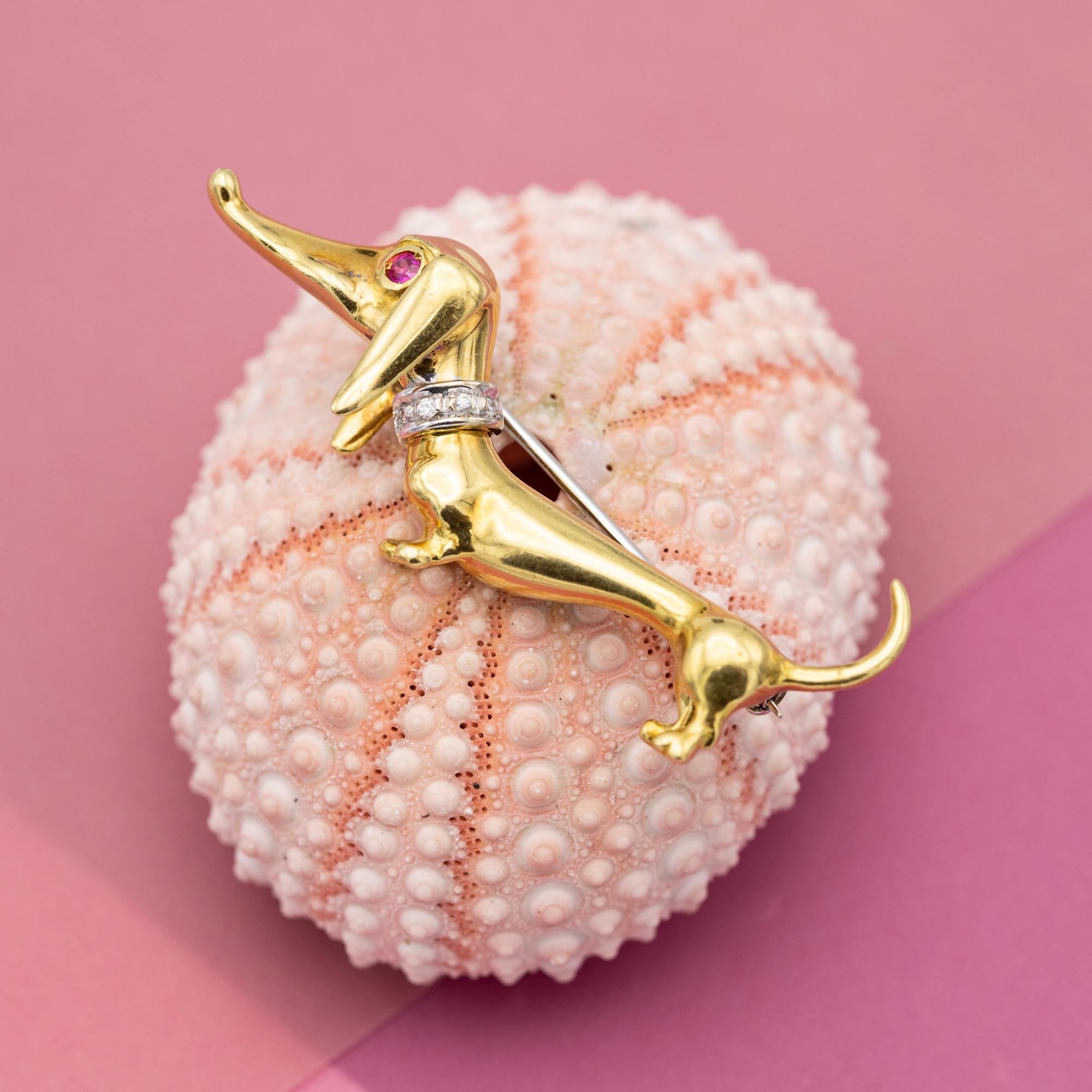 18k Hund Brosche - massivem Gelbgold Tier - Französisch Diamant Rubin Halsband Pin im Angebot 1