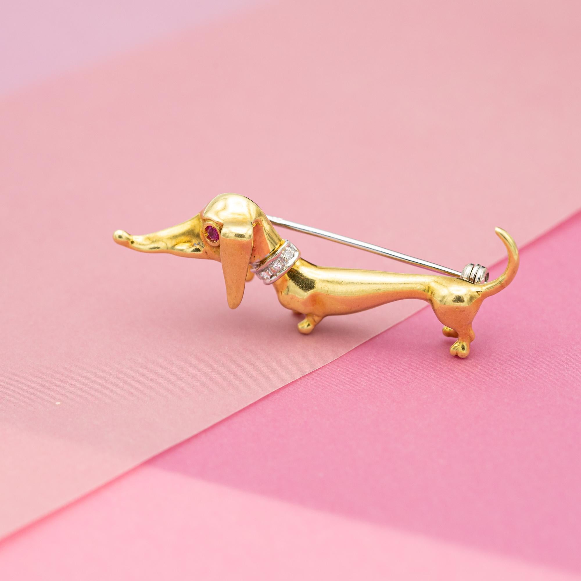 18k Hund Brosche - massivem Gelbgold Tier - Französisch Diamant Rubin Halsband Pin im Angebot 3