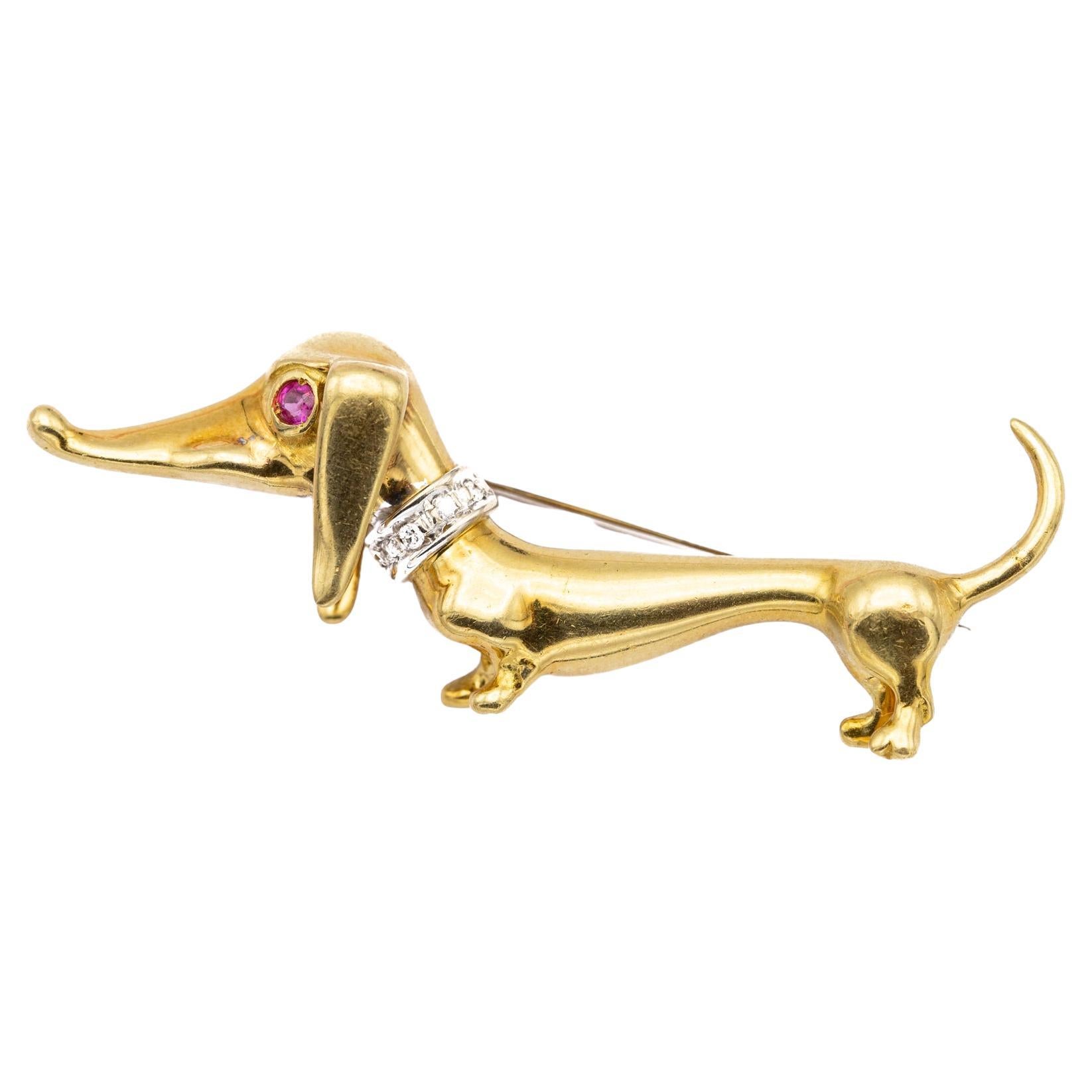 18k dog Brooch - solid yellow gold animal - french diamond ruby collar pin For Sale