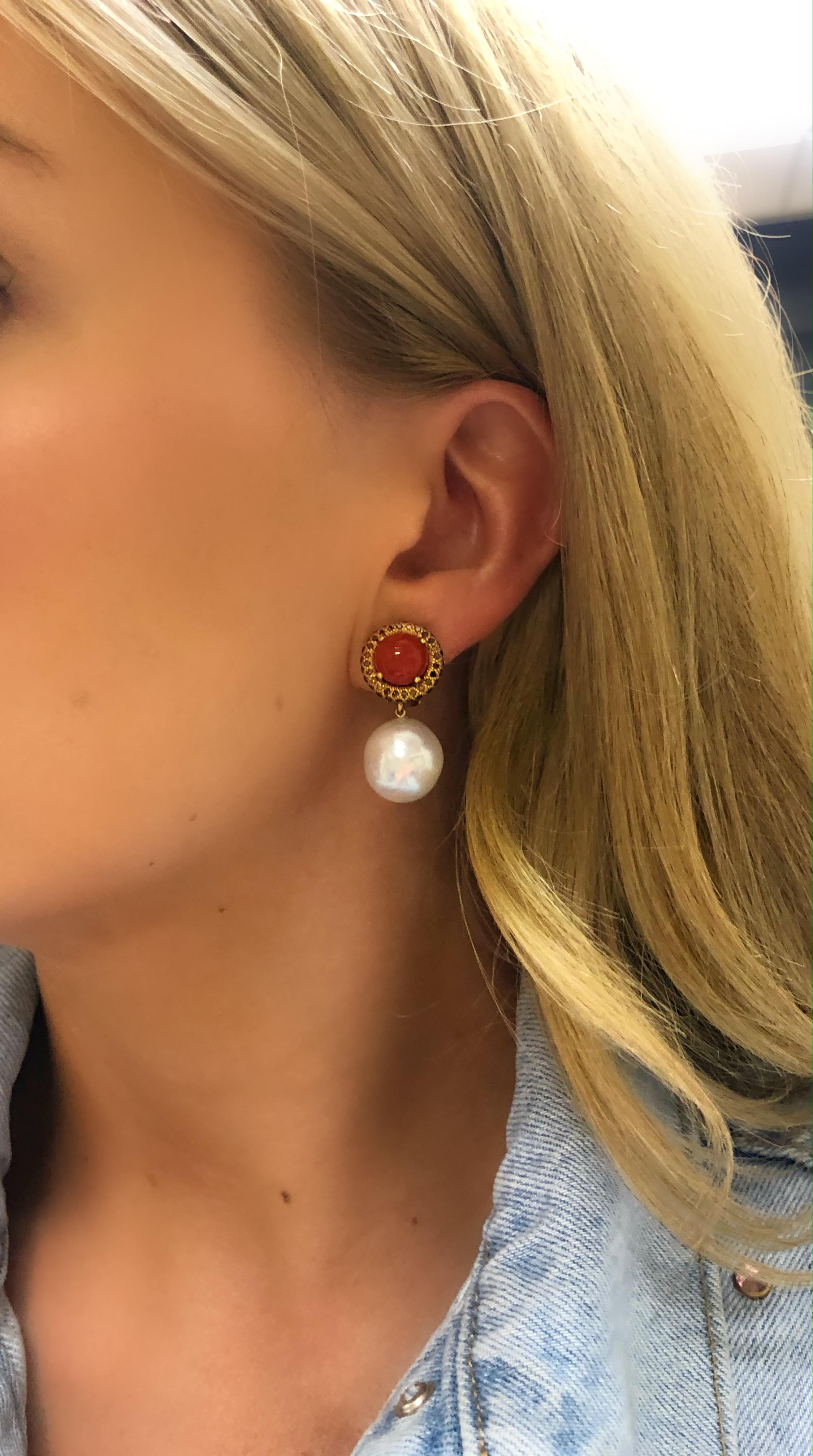 Round Cut 18K Donna Vock Red Coral, South Sea Pearl Clip-On Earrings with Cognac Diamonds For Sale