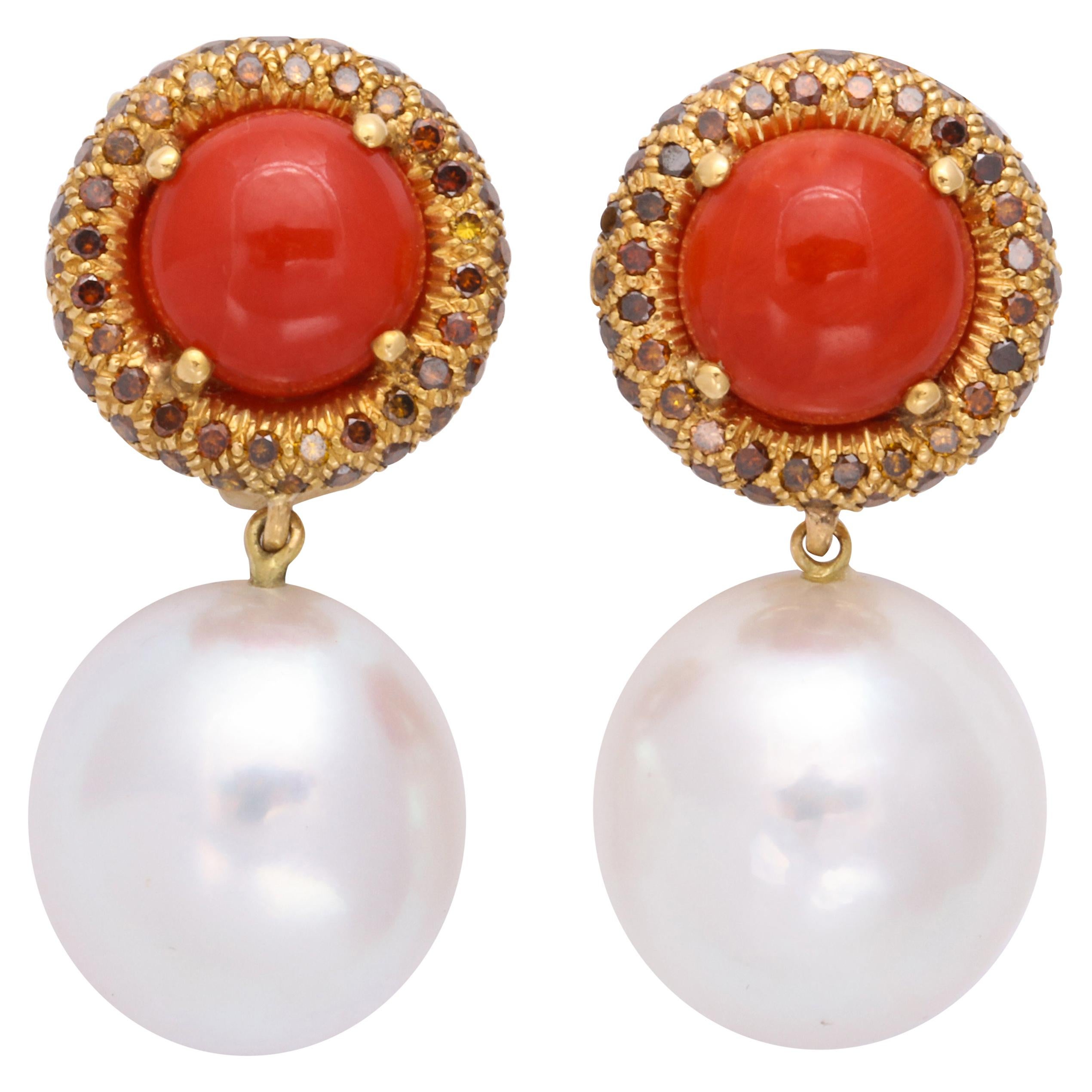 18K Donna Vock Red Coral, South Sea Pearl Clip-On Earrings with Cognac Diamonds For Sale